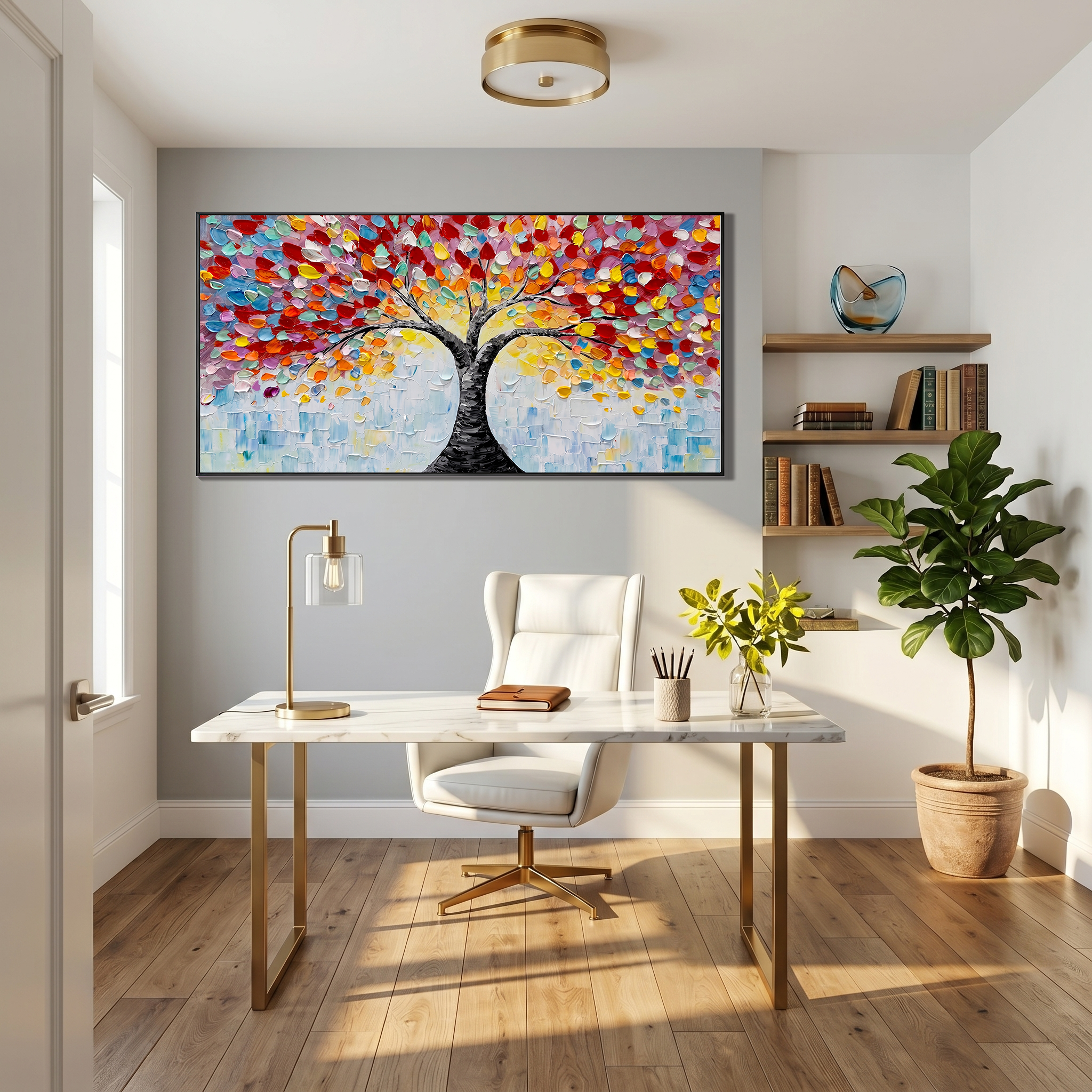 Rainbow Canopy – Modern Impasto Tree of Life Oil Painting | Vibrant Textured Panorama Living Room Art