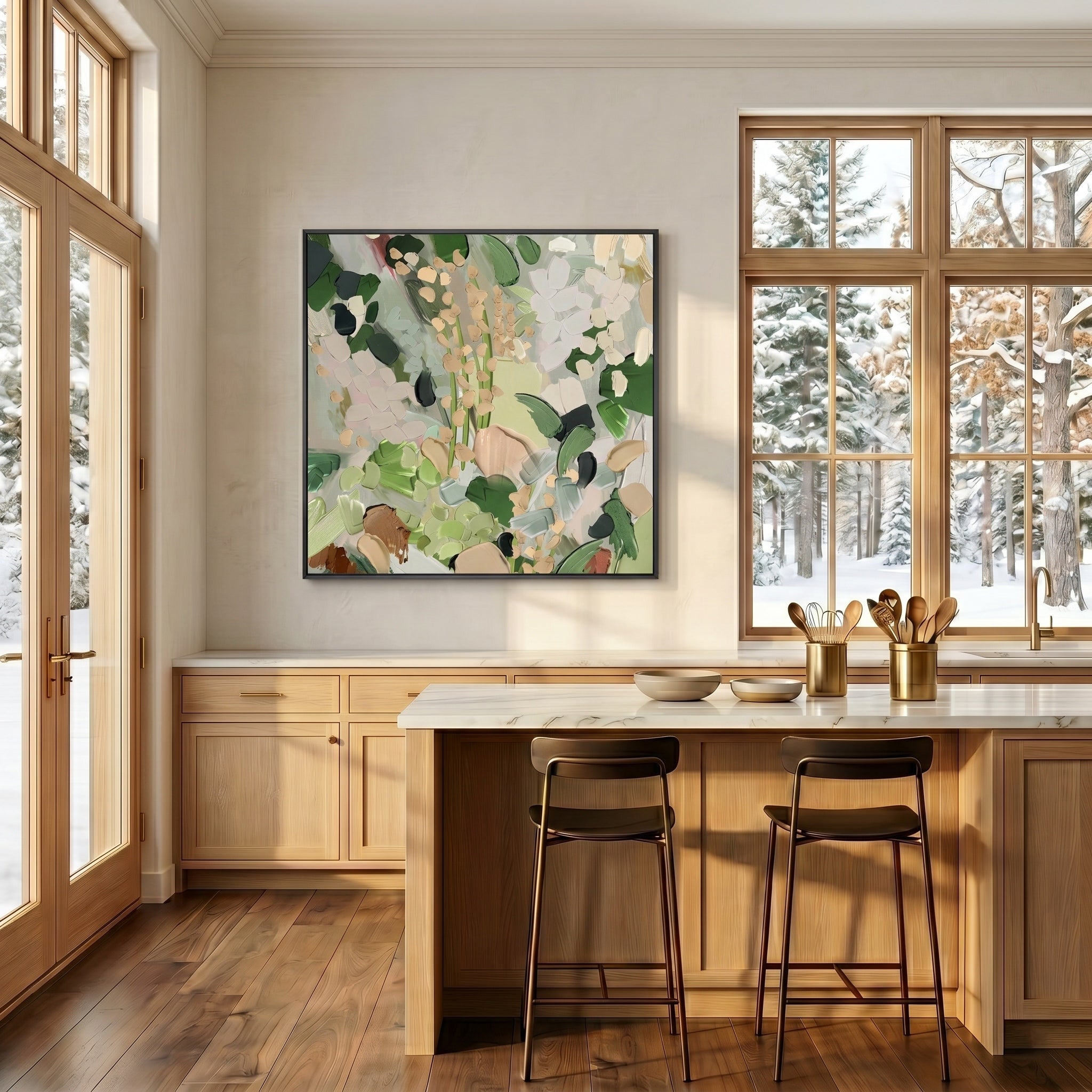 Woodland Serenity – Modern Wabi-Sabi Greenery Impasto Canvas | Minimalist  Abstract Entryway Art