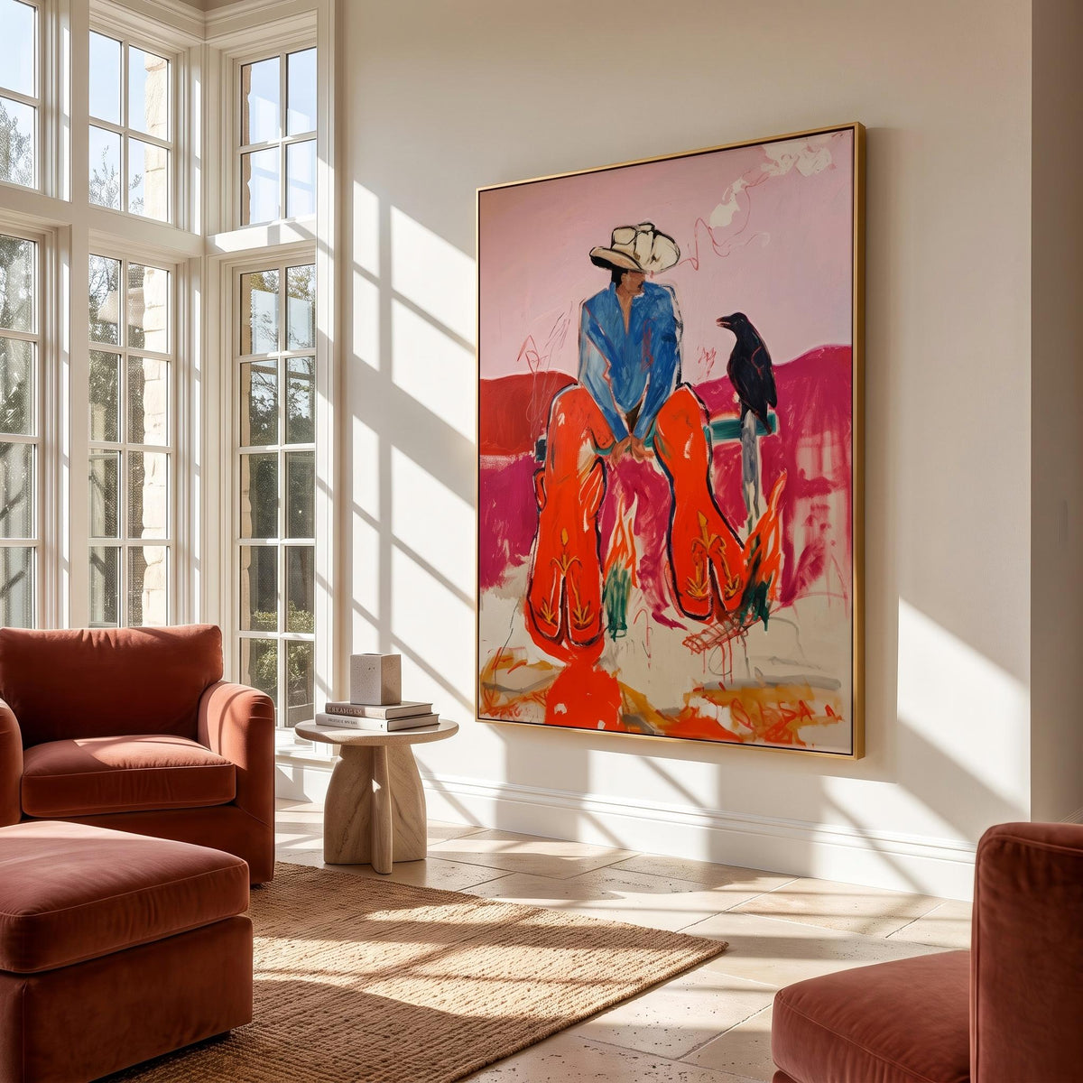 Crow Keeps Cowboys Company – Pop Art Western Figures Painting | Bright Orange Vertical Wall Art