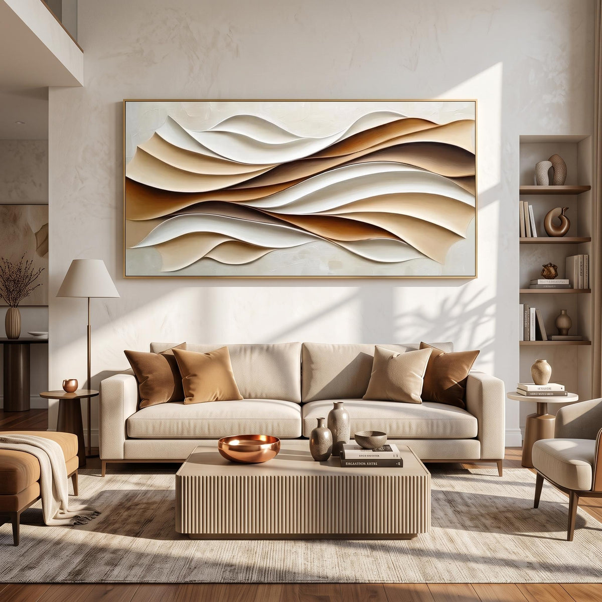 Sand Waves in Relief – Cream Brown Layered Abstract Painting | Wabi-Sabi Horizontal Wall Art