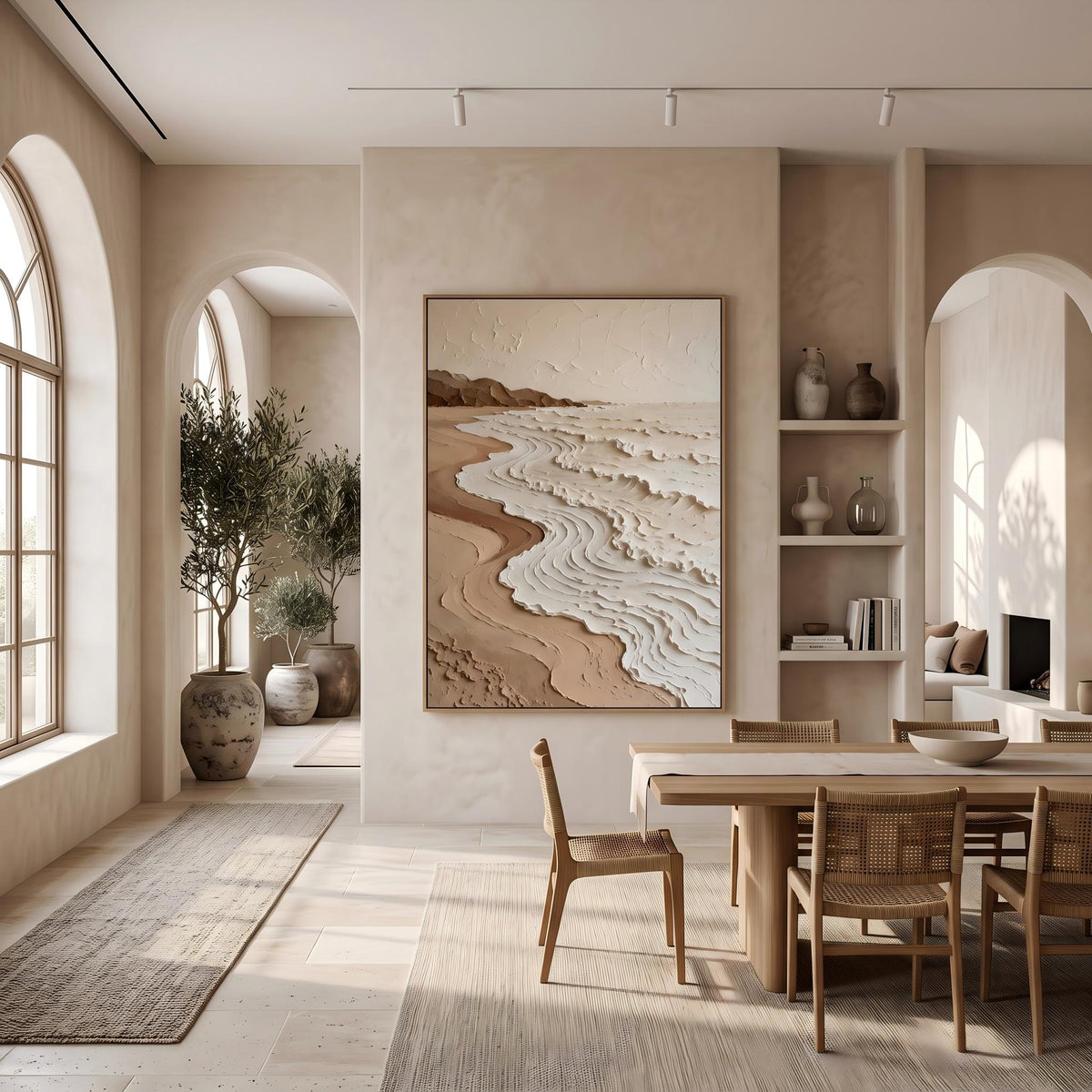 Shorelines Etched in Cream – Neutral Contour Abstract Painting | Textured Vertical Wall Art