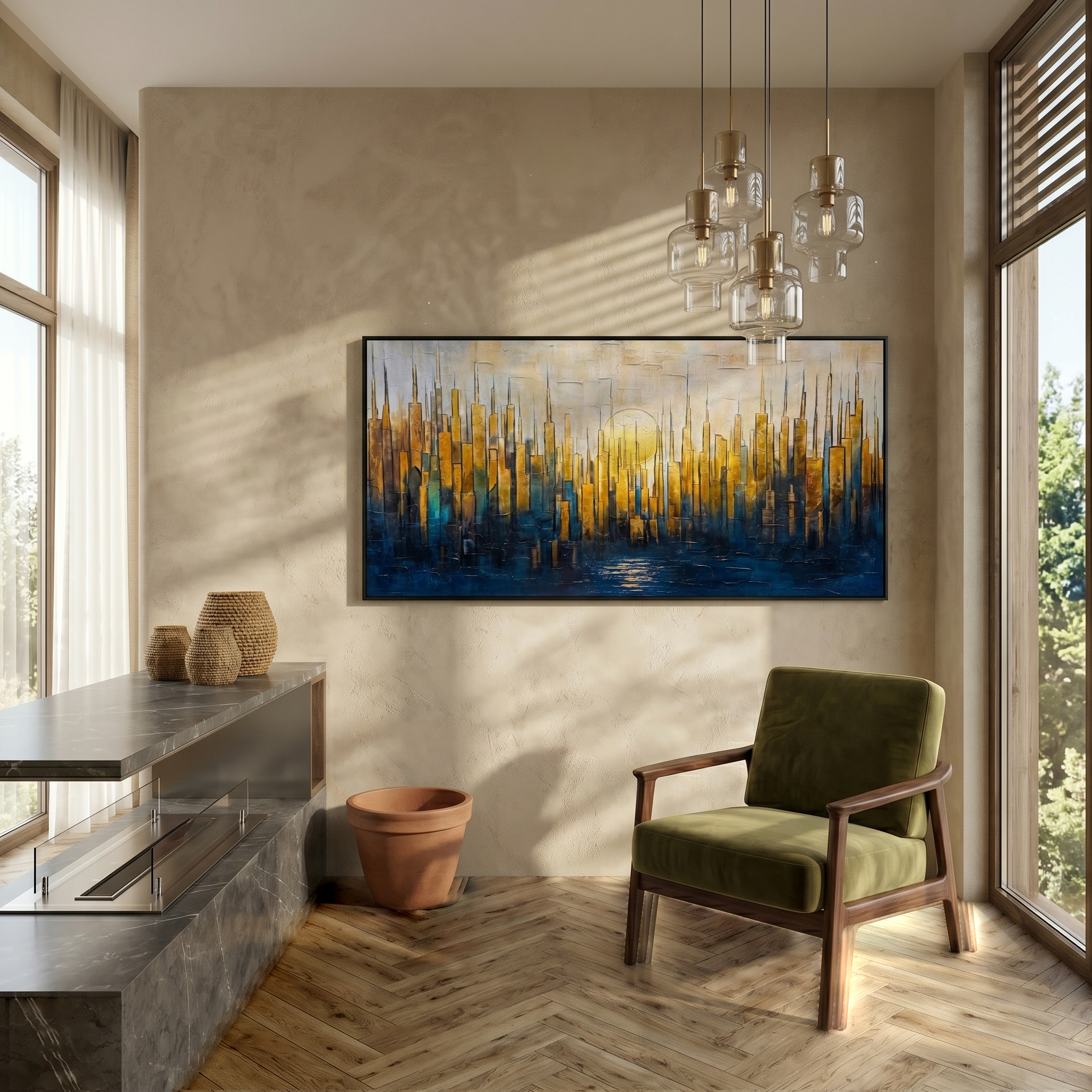 Golden Metropolis – Modern Abstract Gold and Blue Impasto Cityscape | Luxury Living Room Wall Art