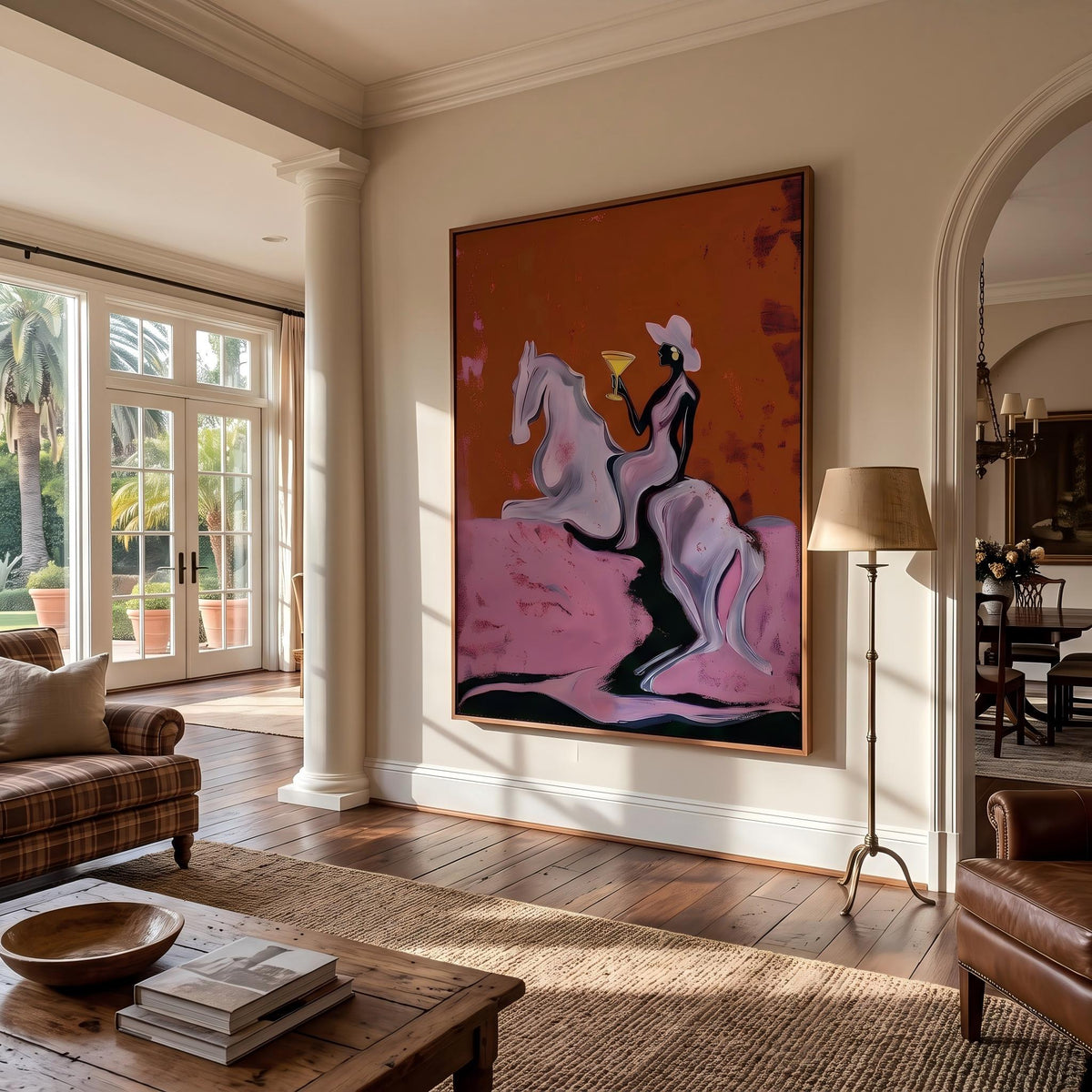 Pink Clouds Carry Rider – Pop Art Cowboy Horse Painting | Playful Orange Vertical Wall Art