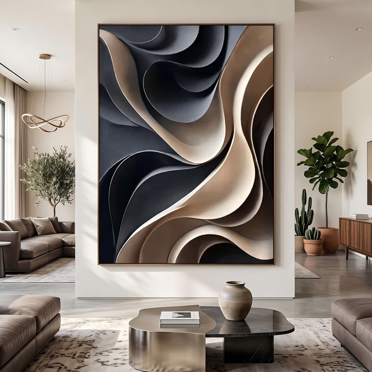 Midnight Curves in Motion – Black Cream Sculptural Abstract Painting | Modern Vertical Wall Art