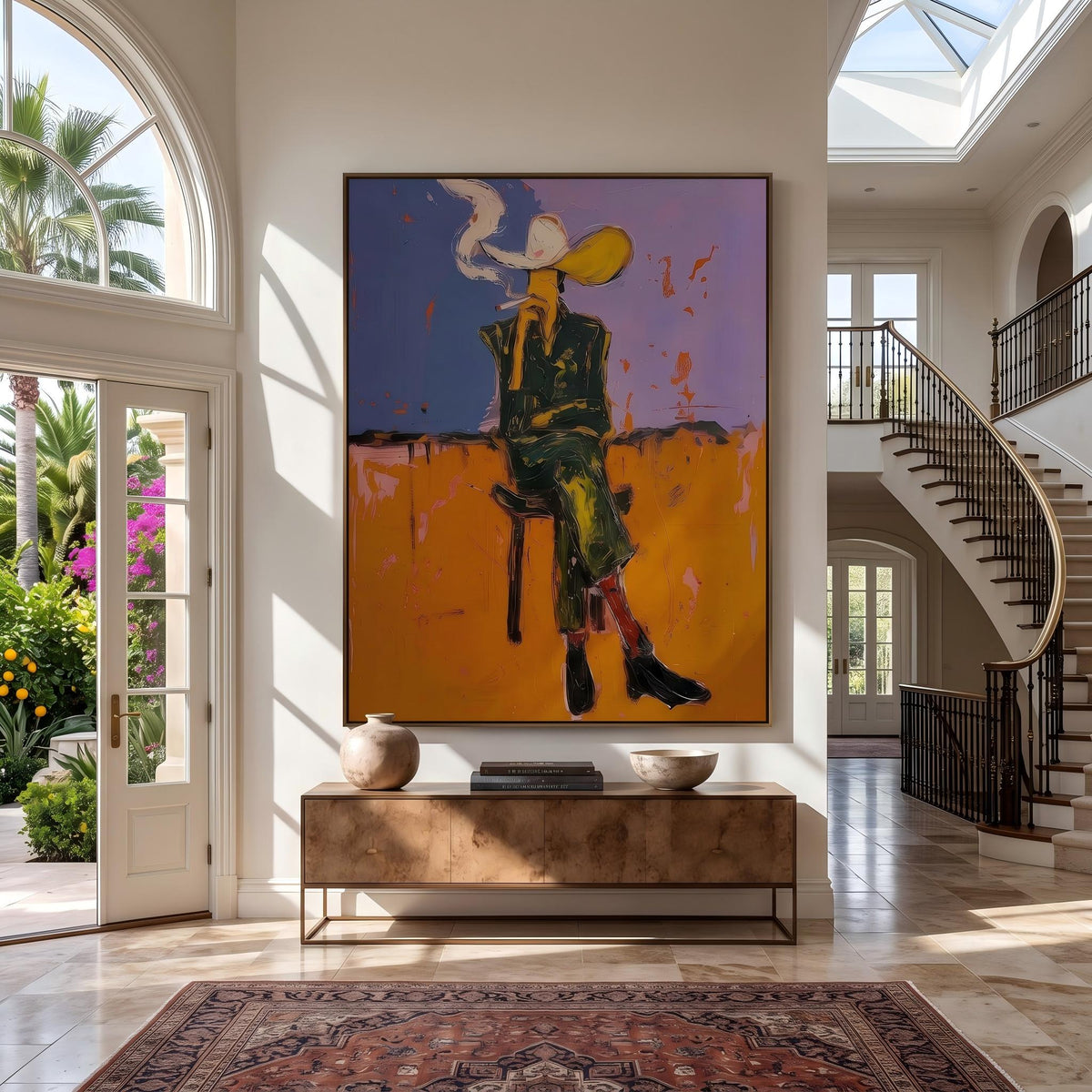 Smoke Rises Past Spurs – Pop Art Smoking Cowboy Painting | Bold Orange Vertical Wall Art