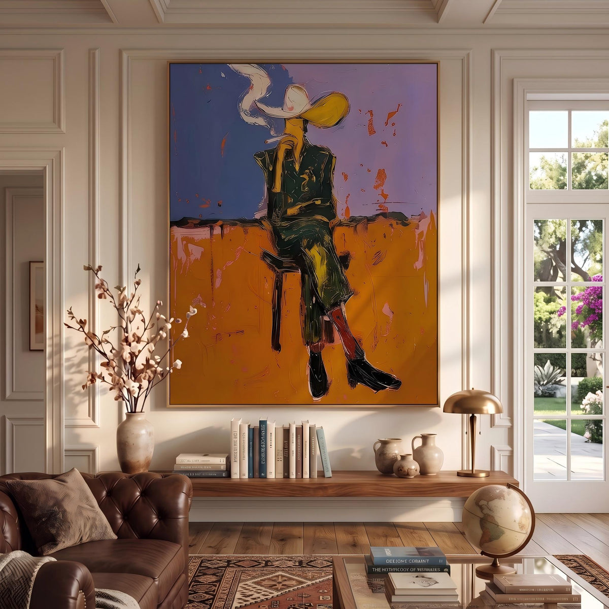 Smoke Rises Past Spurs – Pop Art Smoking Cowboy Painting | Bold Orange Vertical Wall Art