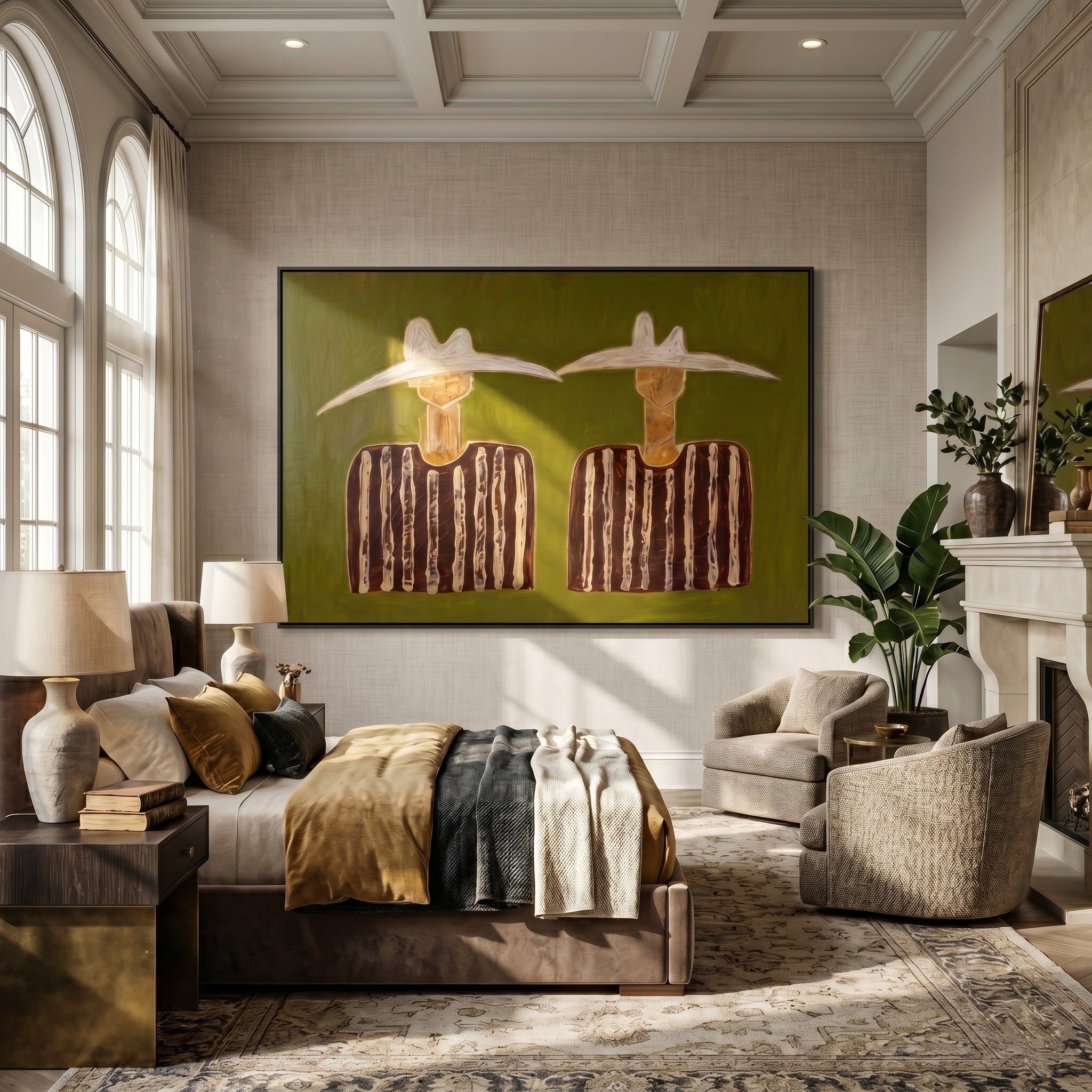 The Moss Reverie – Modernist Olive Green White-Hat Figures Painting | Rustic Minimalist Living Room Art