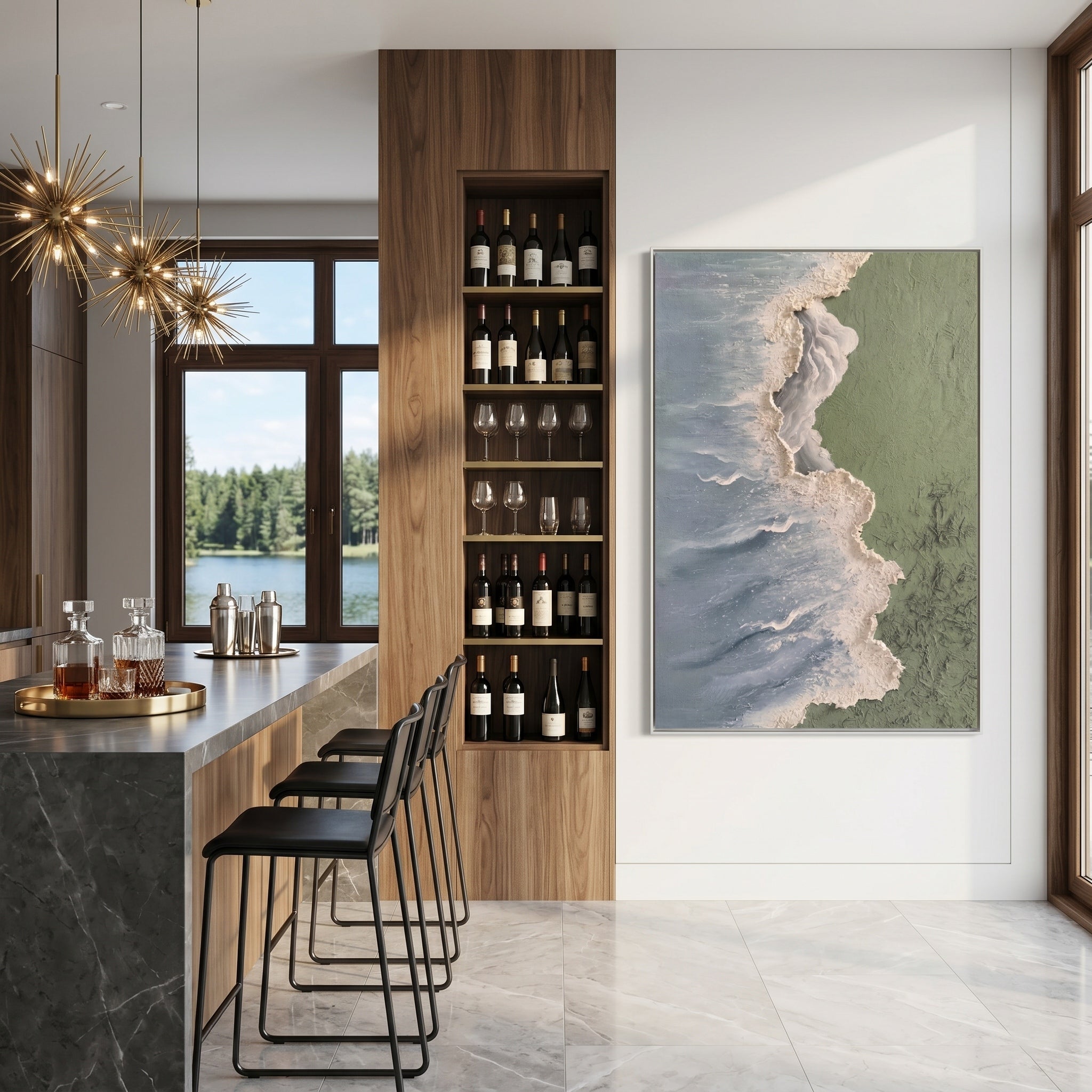 Echoes of the Shore – Wabi-Sabi Sage Green Heavy Textured Waves | Minimalist Abstract Entryway Art