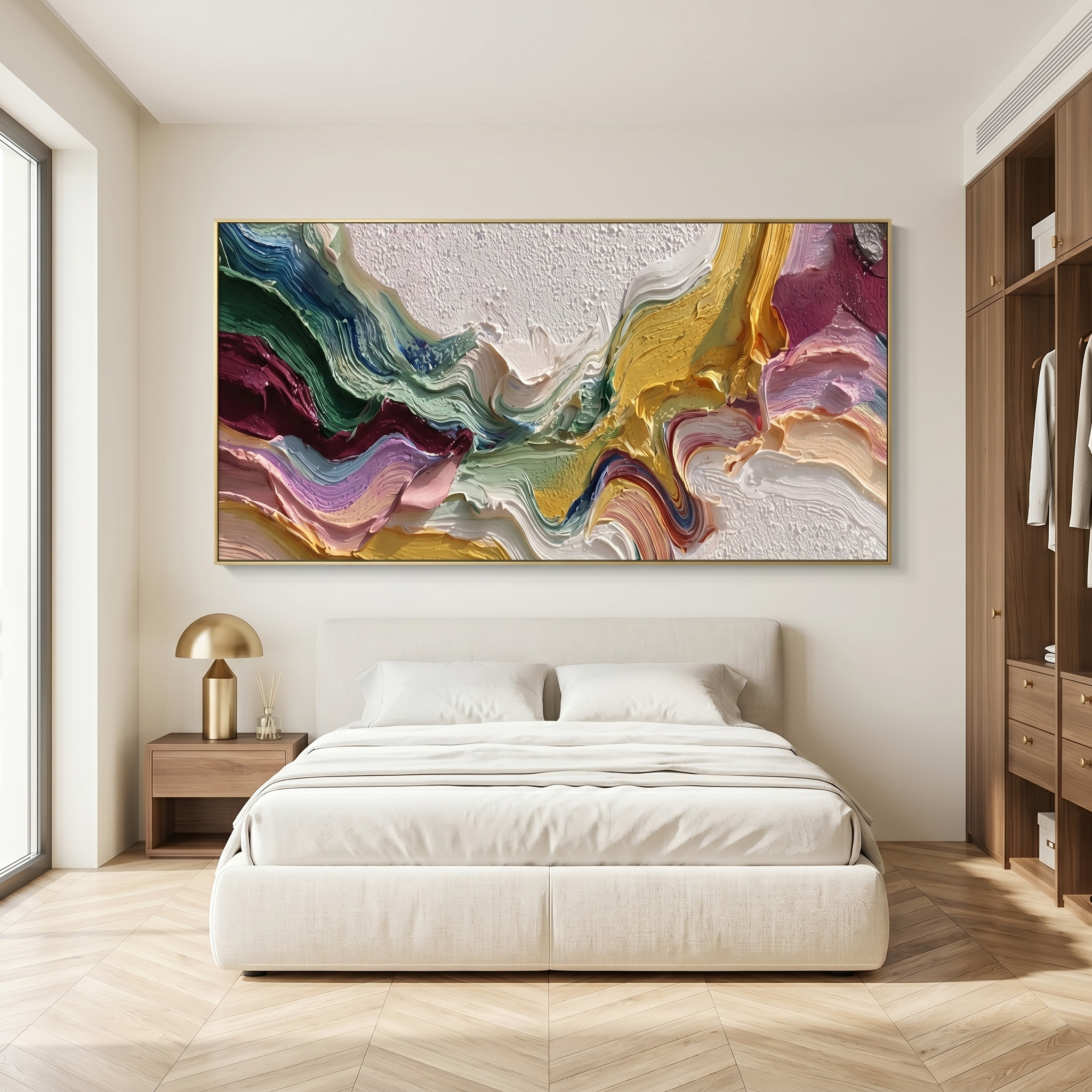 Chromatic Echo – Modern Impasto Heavy Texture Abstract Painting | Bohemian Horizontal Living Room Art