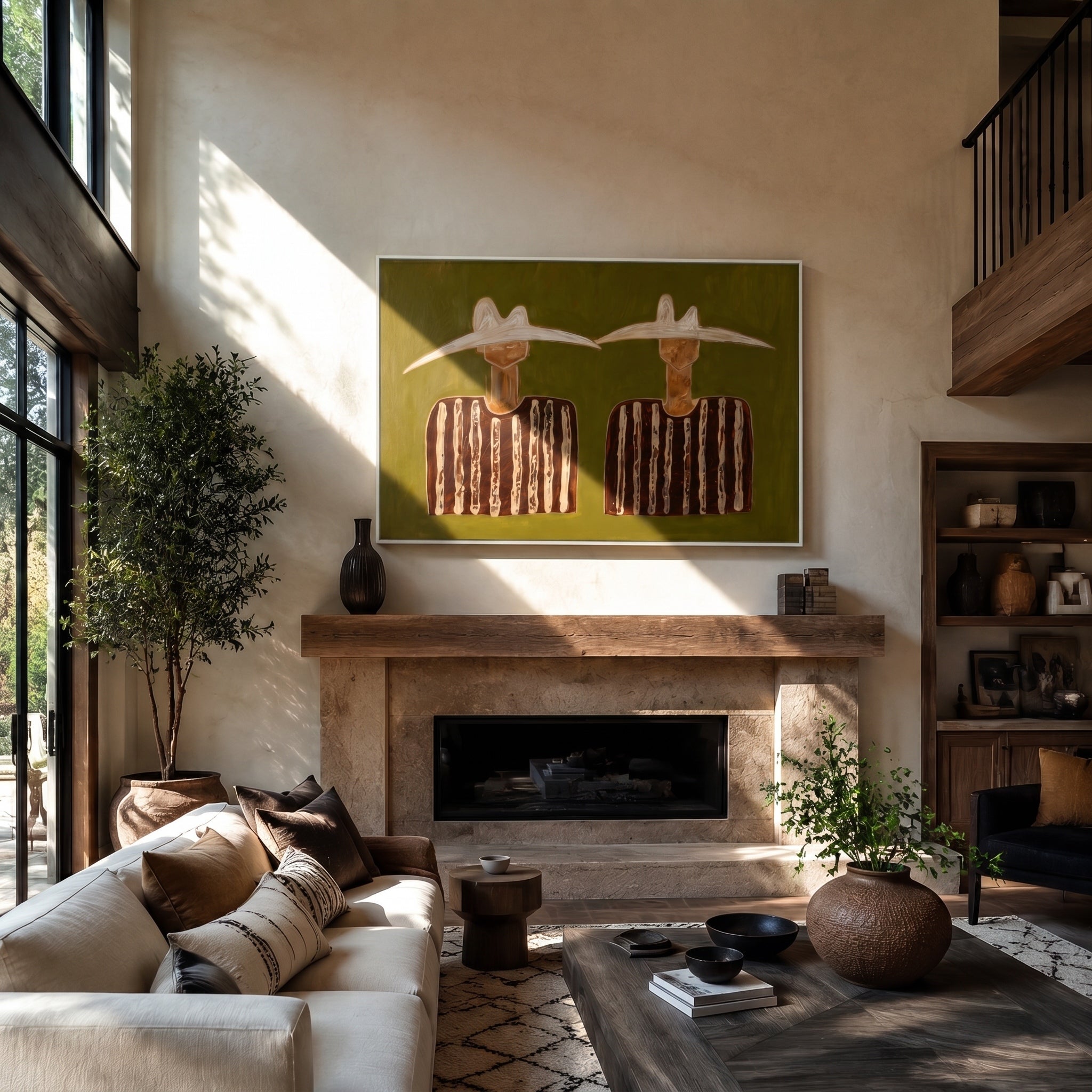 The Moss Reverie – Modernist Olive Green White-Hat Figures Painting | Rustic Minimalist Living Room Art