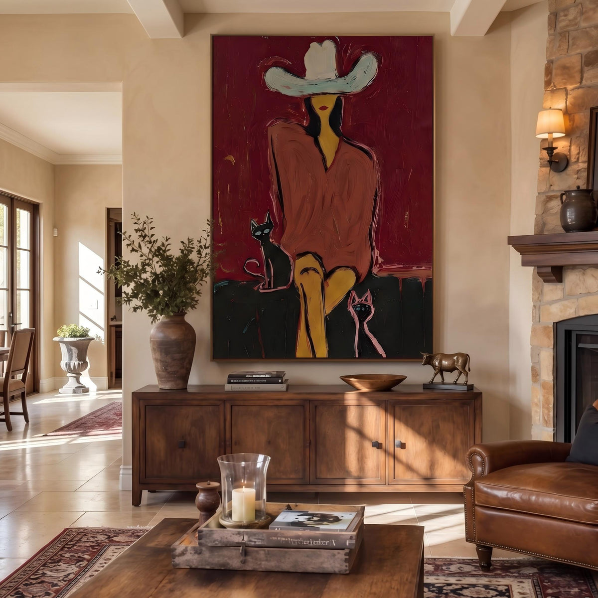 White Hat With Companions – Pop Art Cowboy and Pets Painting | Bold Red Vertical Wall Art