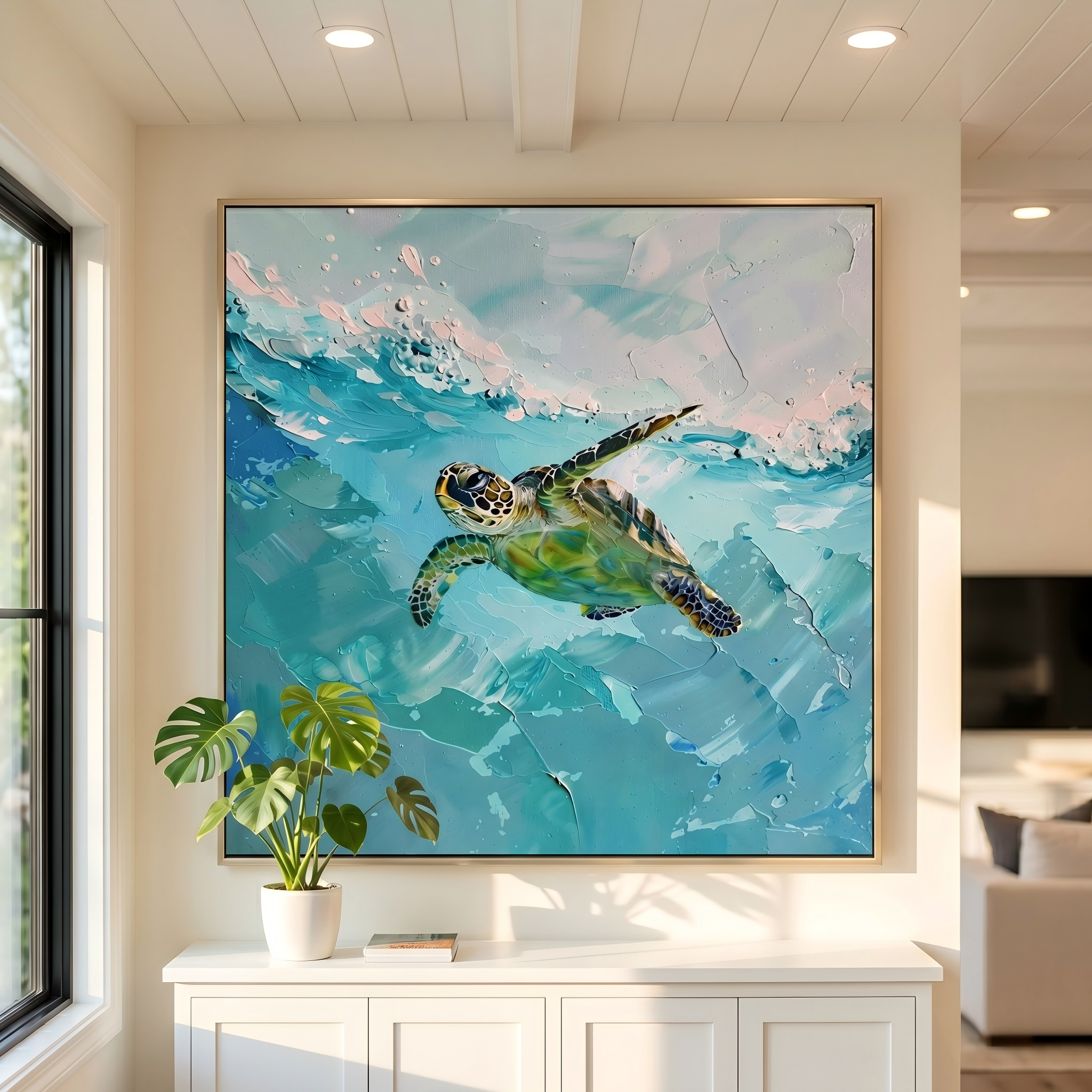 Azure Voyager – Modern 3D Heavy Impasto Sea Turtle Oil Painting | Ocean Themed Textured Hallway Decor