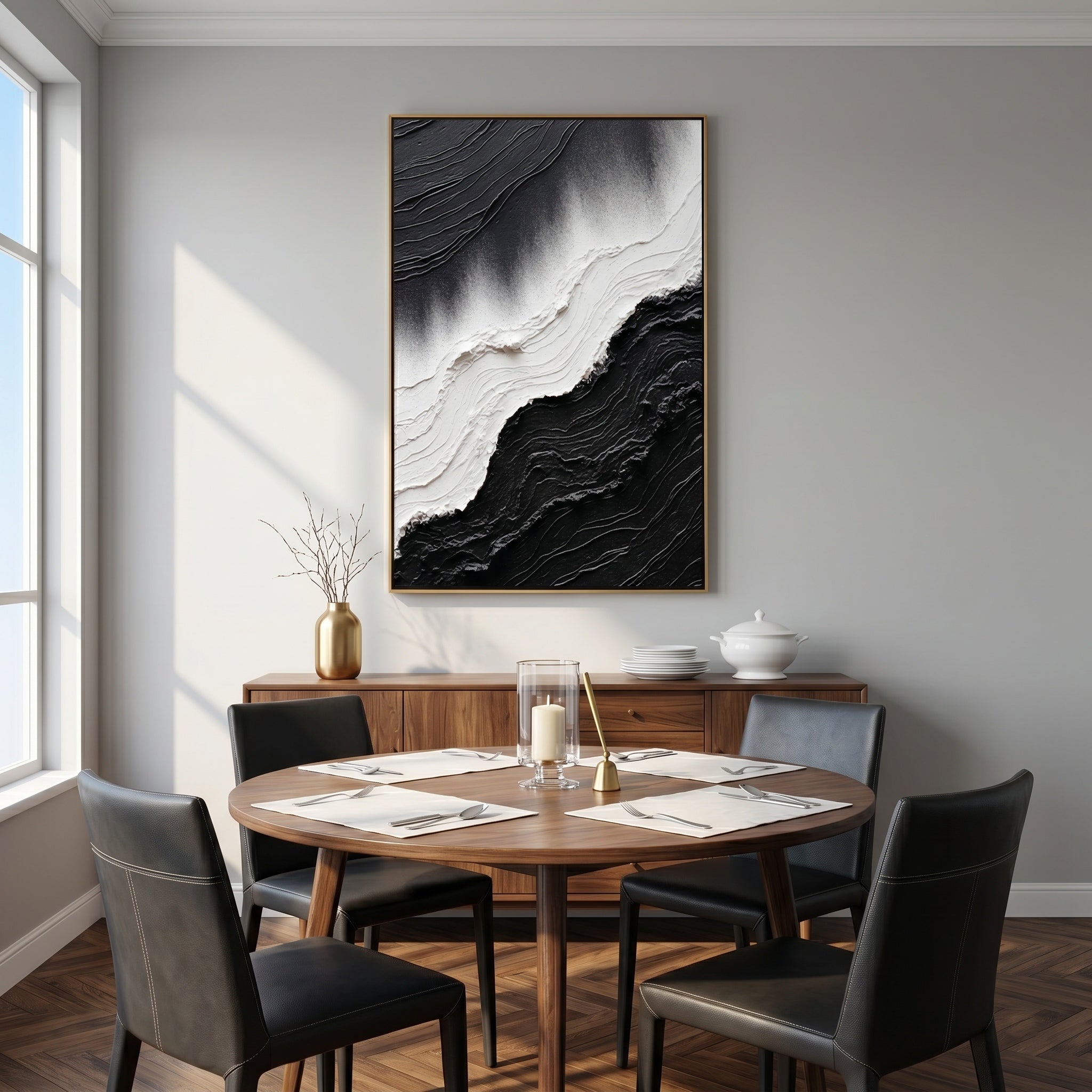 Dark Current – Modern Minimalist Black & White Painting | Textured Wabi-Sabi Abstract Hallway Art