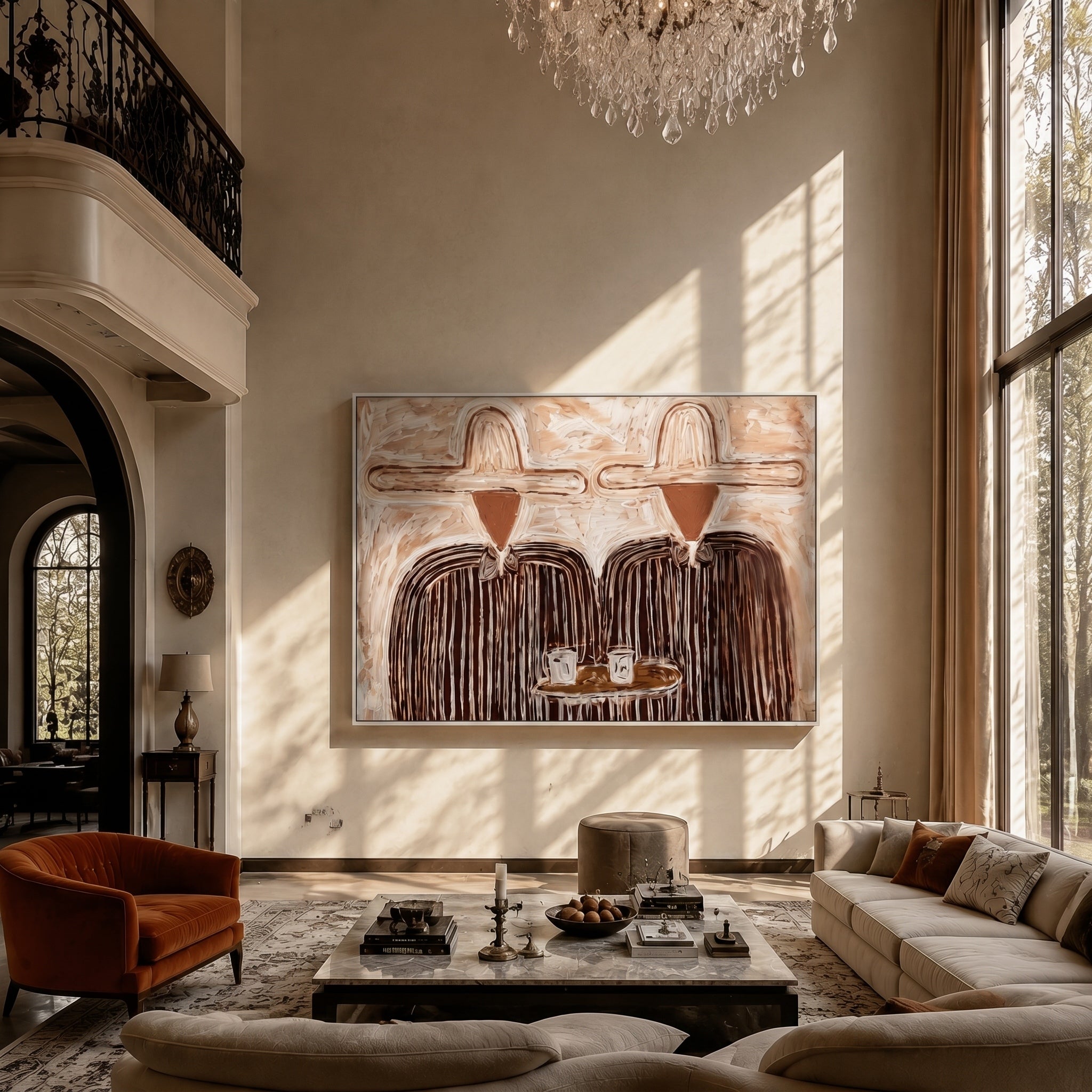Quiet Brew – Modern Cream & Brown Heavy Textured Figures Painting | Minimalist Living Room Art
