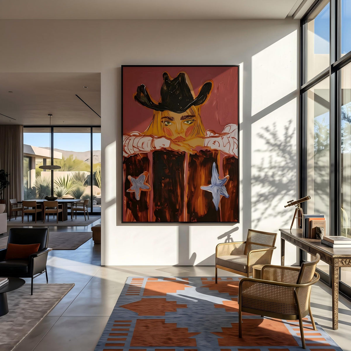 Cowboy Leans Through Sunset – Pop Art Western Figure Painting | Warm Red Vertical Wall Art