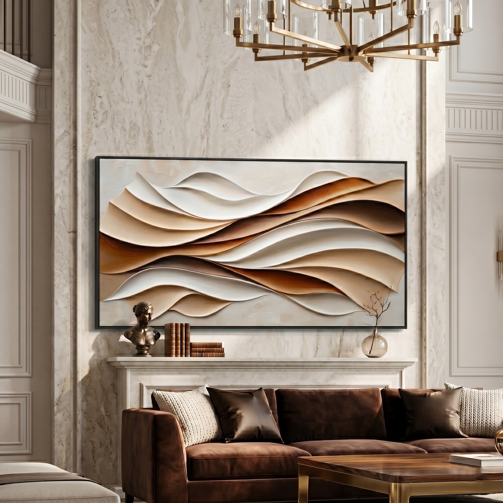 Caramel Contours – Modern Cream & Brown 3D Curved Relief Art | Minimalist Geometric Living Room Art