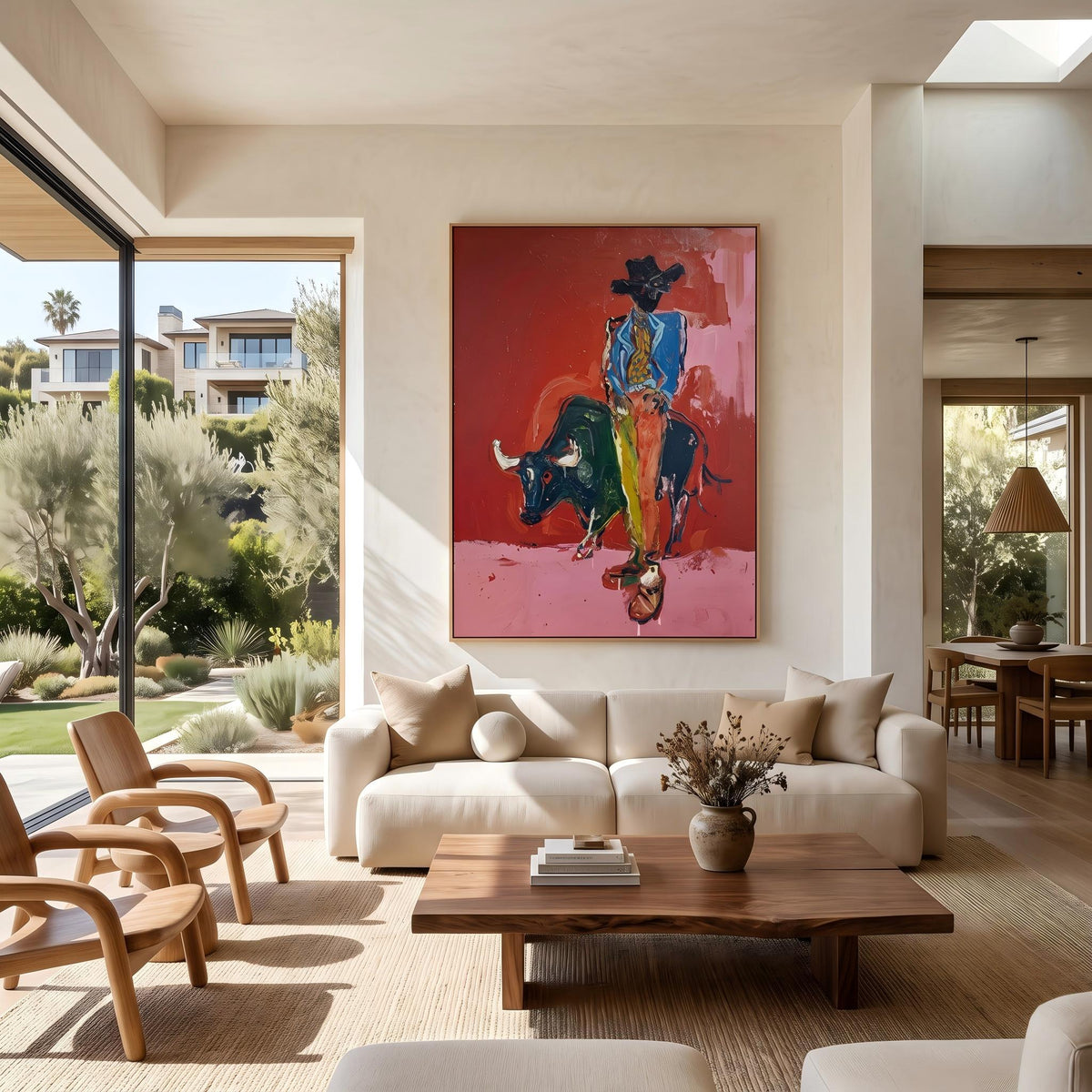 Blue Rider Meets Bull – Pop Art Bull Rider Painting | Bold Pink Vertical Wall Art
