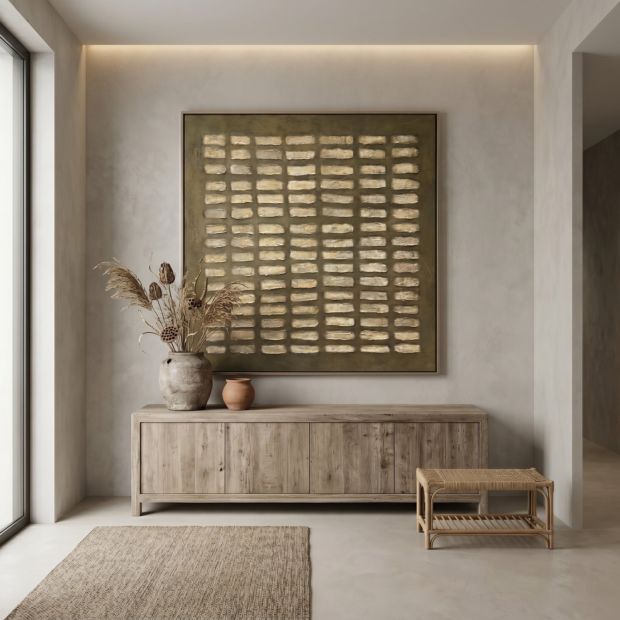 Time Matrix – Wabi-Sabi Style Earth-Tone Minimalist Texture Painting | Modern Abstract Geometric Entryway Art