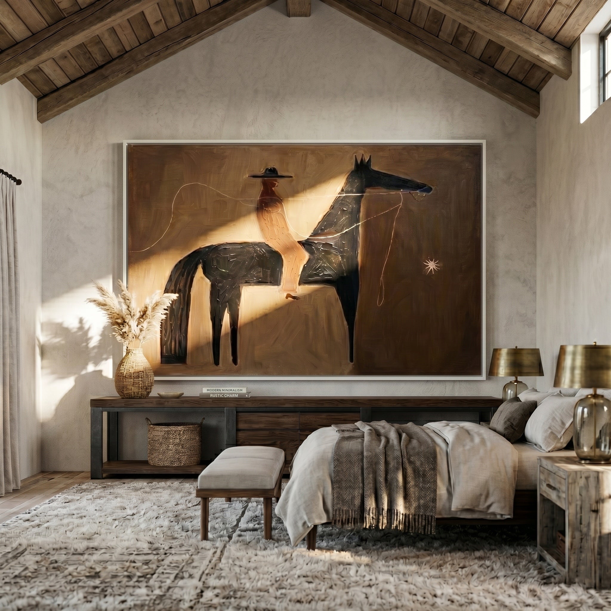 Guiding Star – Minimalist Western Rider & Black Horse Painting | Rustic Modernist Home Office Art