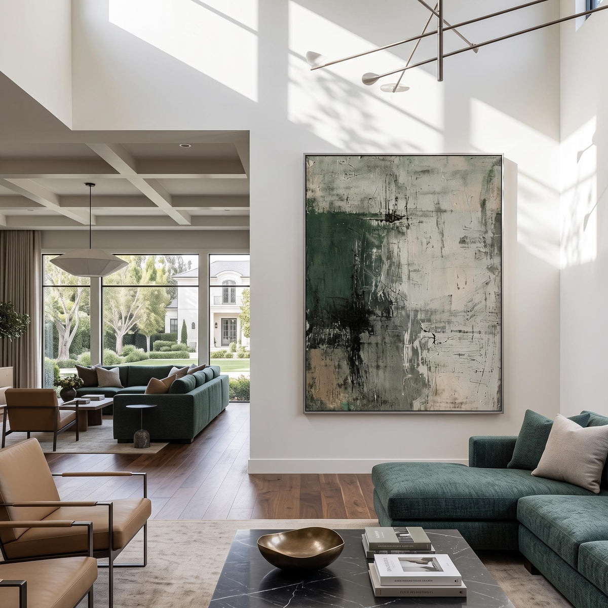 Forest Shadow Imprint – Dark Green Textured Abstract Painting | Contemporary Vertical Wall Art
