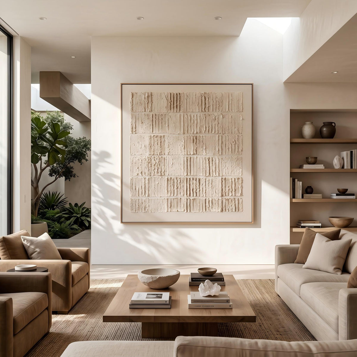Quiet Blocks Hold Light – Cream Geometric Relief Painting | Wabi-Sabi Square Wall Art