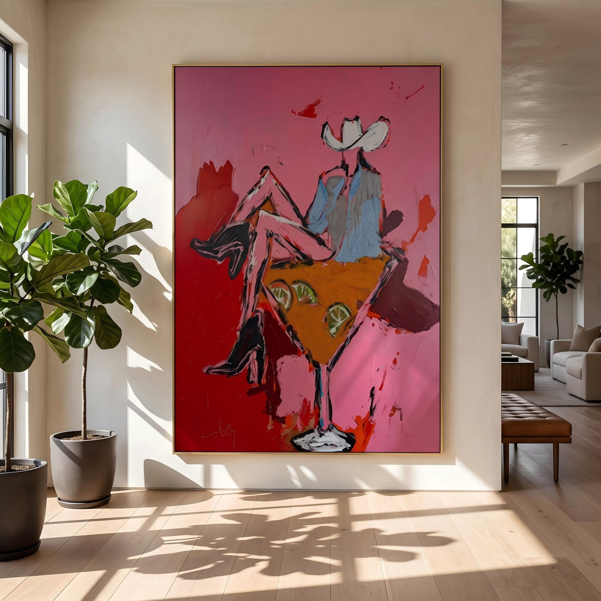 Two Cowgirls Leave Town – Pop Art Cowgirl Road Trip Painting | Pink Vertical Wall Art