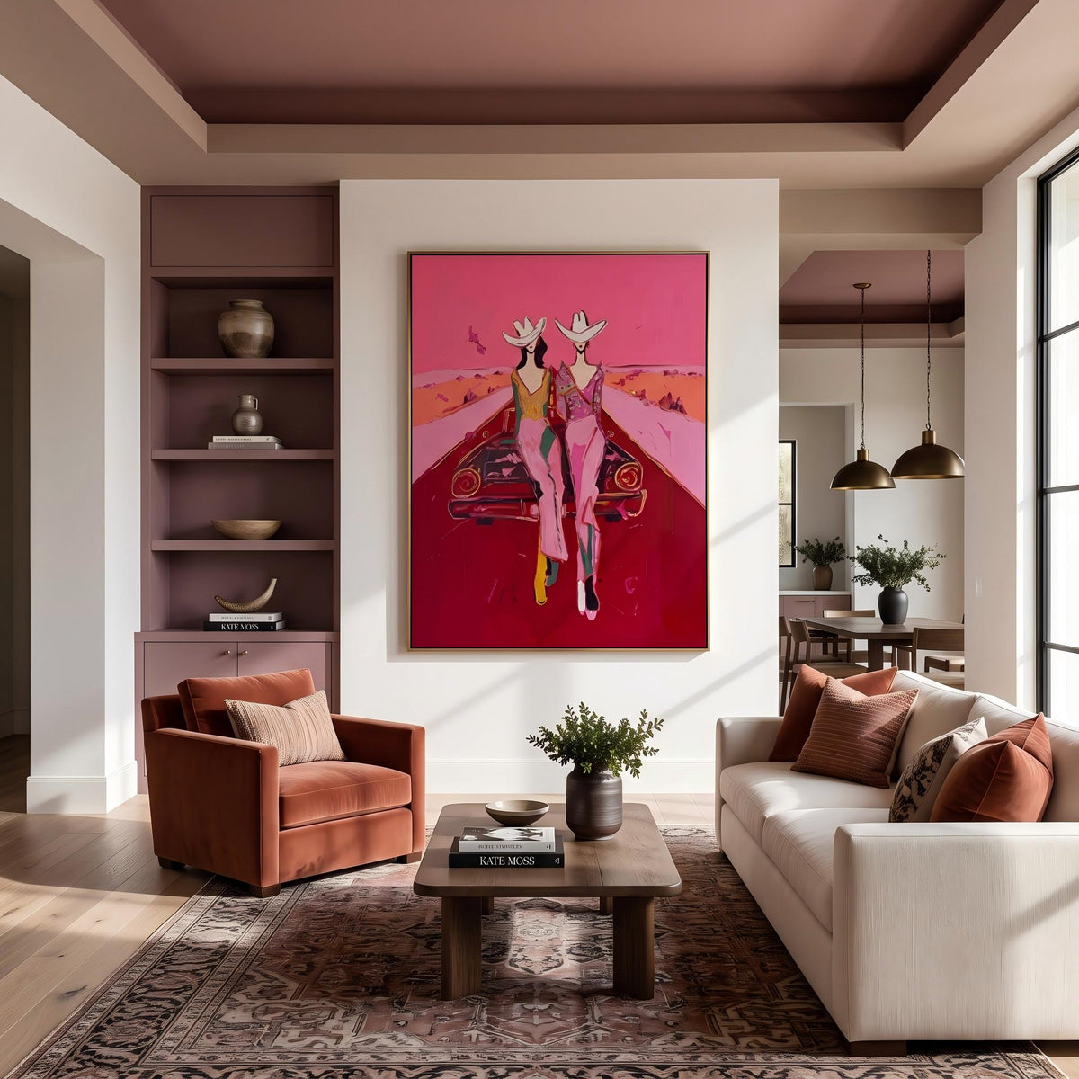 Cowgirls Meet the Horizon – Pop Art Western Friends Painting | Bold Pink Vertical Wall Art