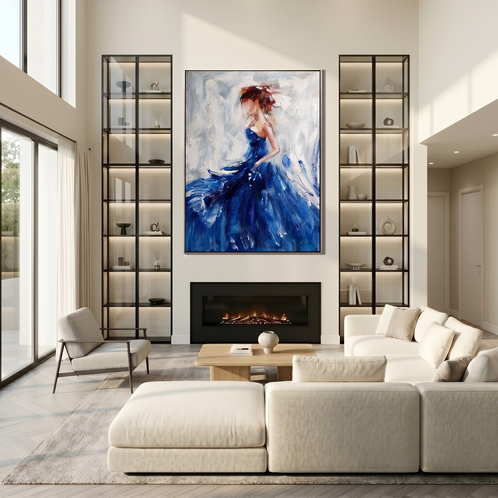 Azure Silhouette – Modern Impressionist Figure Oil Painting | Elegant Woman in Blue Gown Bedroom Art