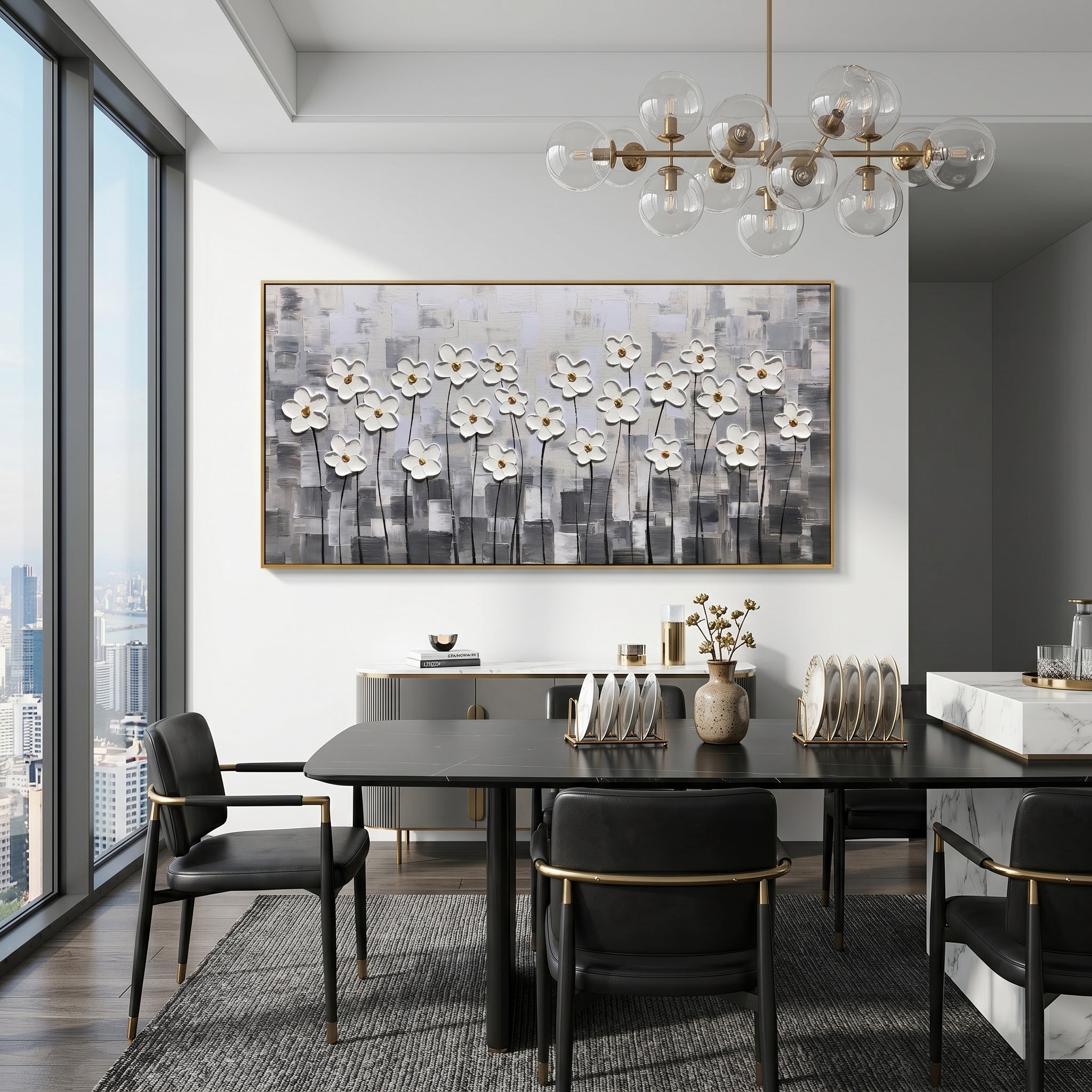 Silent Bloom – Modern Minimalist Gray and White Impasto Floral Canvas | Luxury Living Room Wall Art