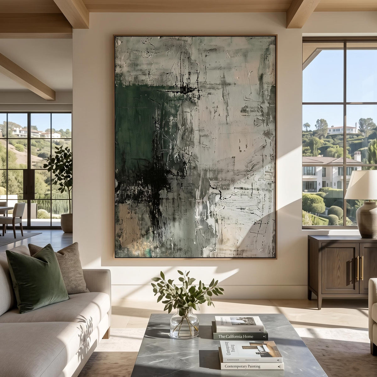 Forest Shadow Imprint – Dark Green Textured Abstract Painting | Contemporary Vertical Wall Art