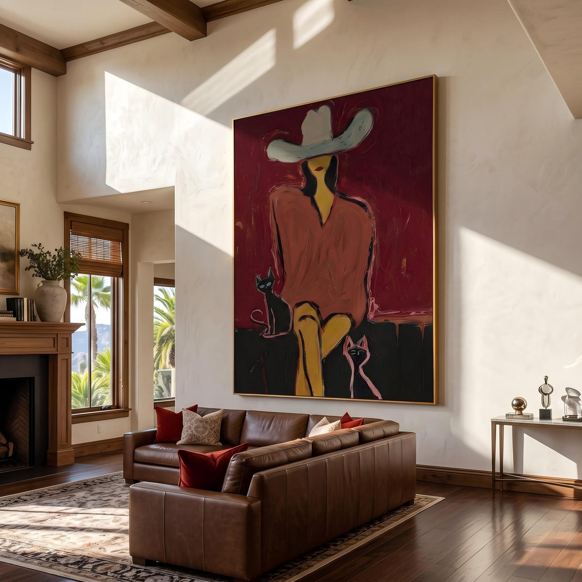 White Hat With Companions – Pop Art Cowboy and Pets Painting | Bold Red Vertical Wall Art