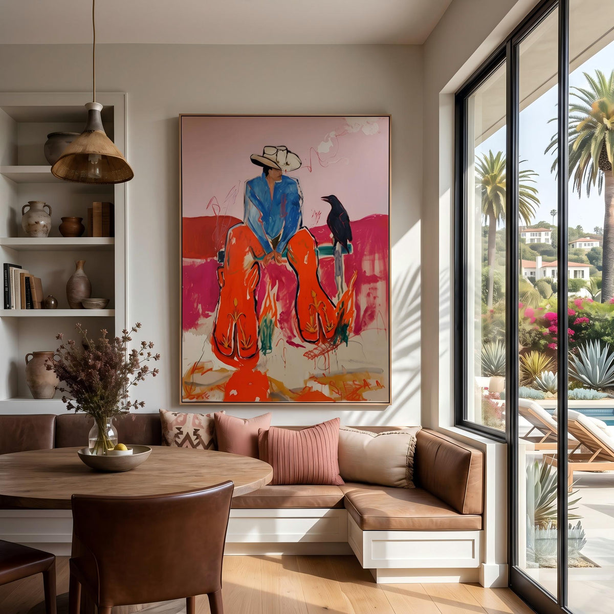 Crow Keeps Cowboys Company – Pop Art Western Figures Painting | Bright Orange Vertical Wall Art