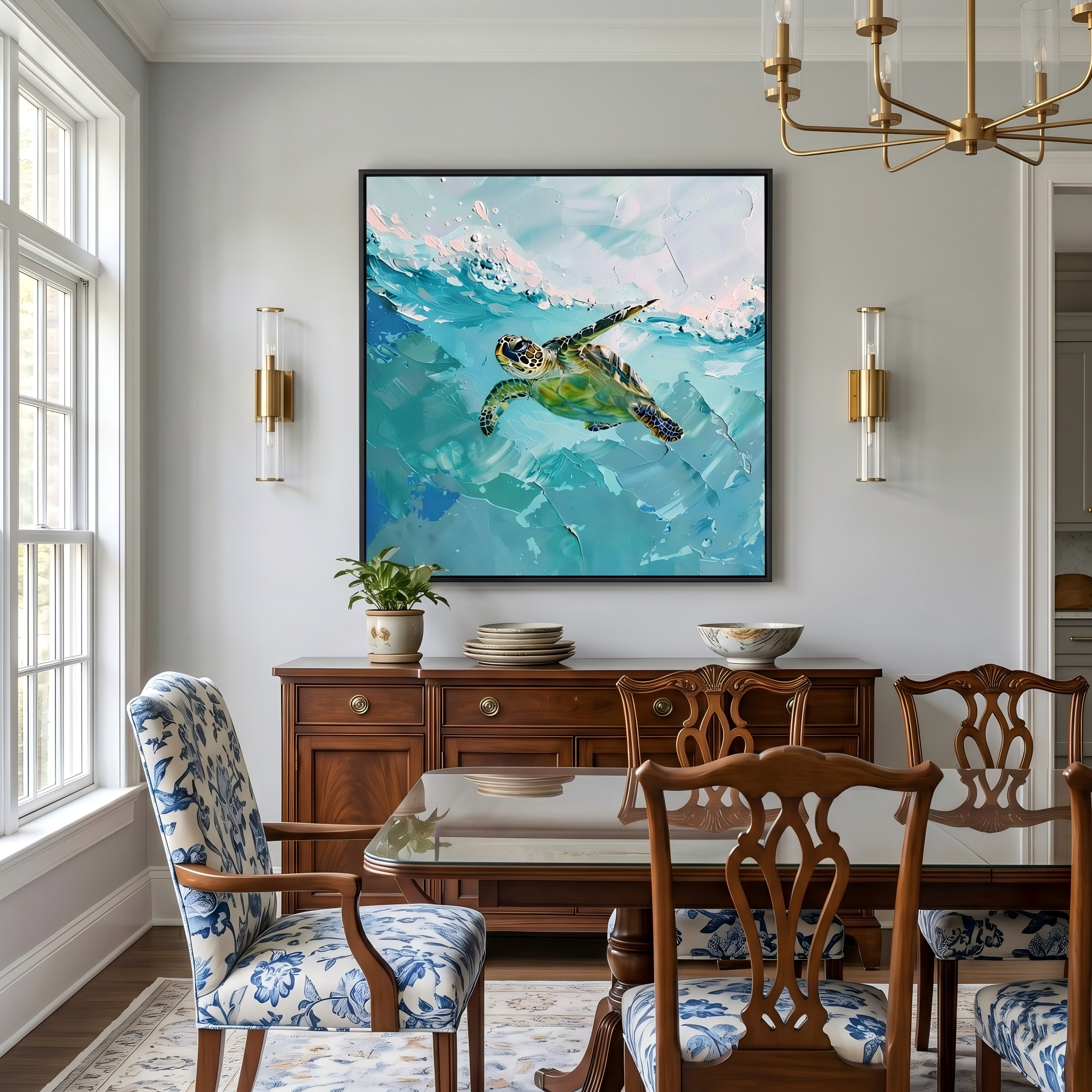 Azure Voyager – Modern 3D Heavy Impasto Sea Turtle Oil Painting | Ocean Themed Textured Hallway Decor