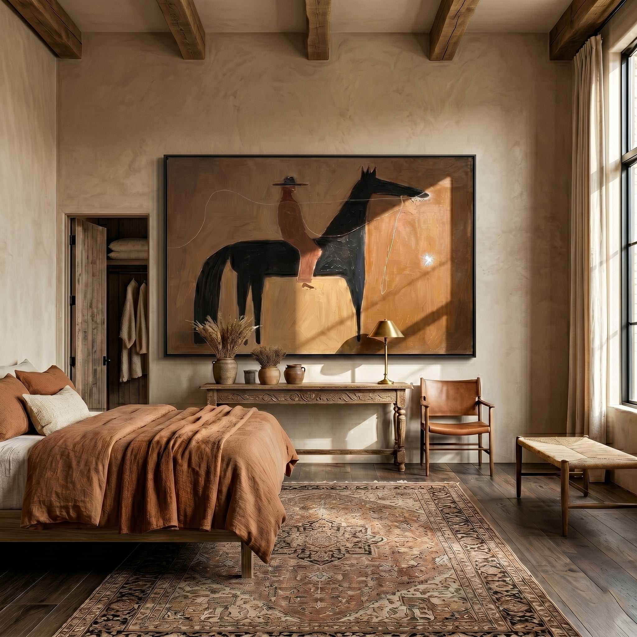 Guiding Star – Minimalist Western Rider & Black Horse Painting | Rustic Modernist Home Office Art