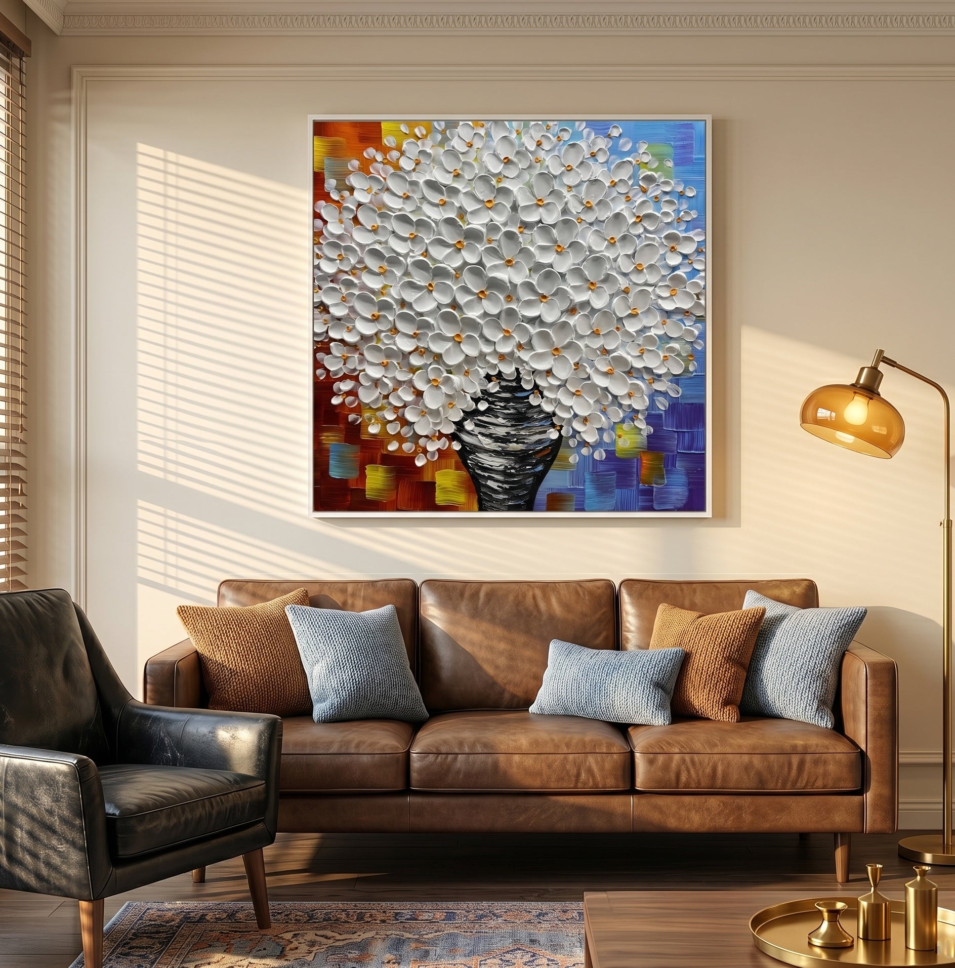 Ode to Blossoms – Modern Colorful Impasto White Floral Canvas | Vibrant Living Room Wall Art