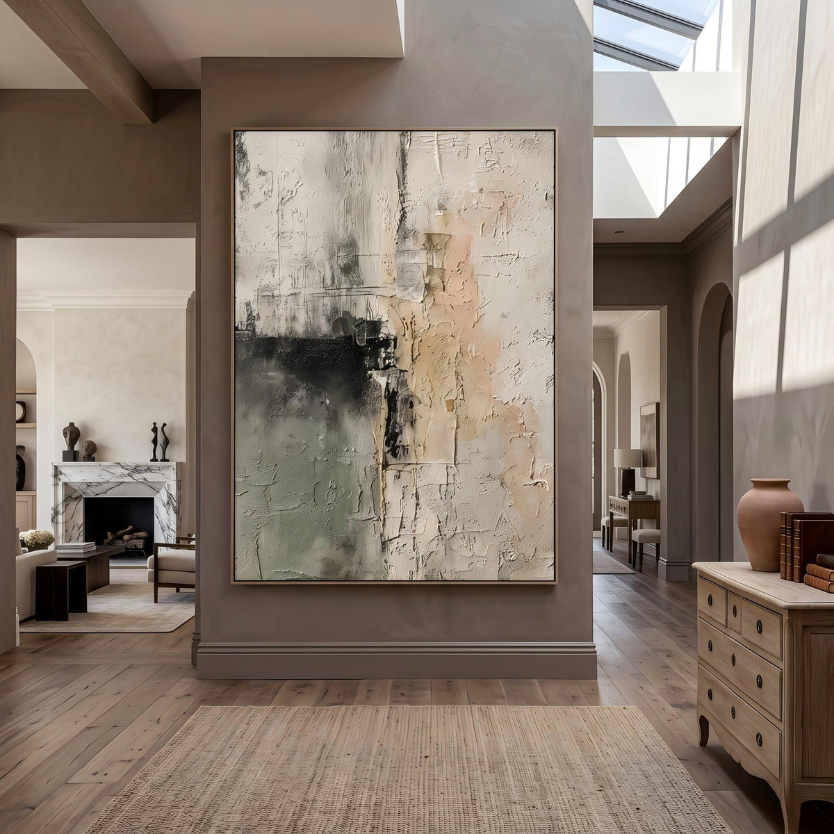 Sage Weathered Passage – Green Beige Wabi-Sabi Abstract Painting | Vertical Wall Art