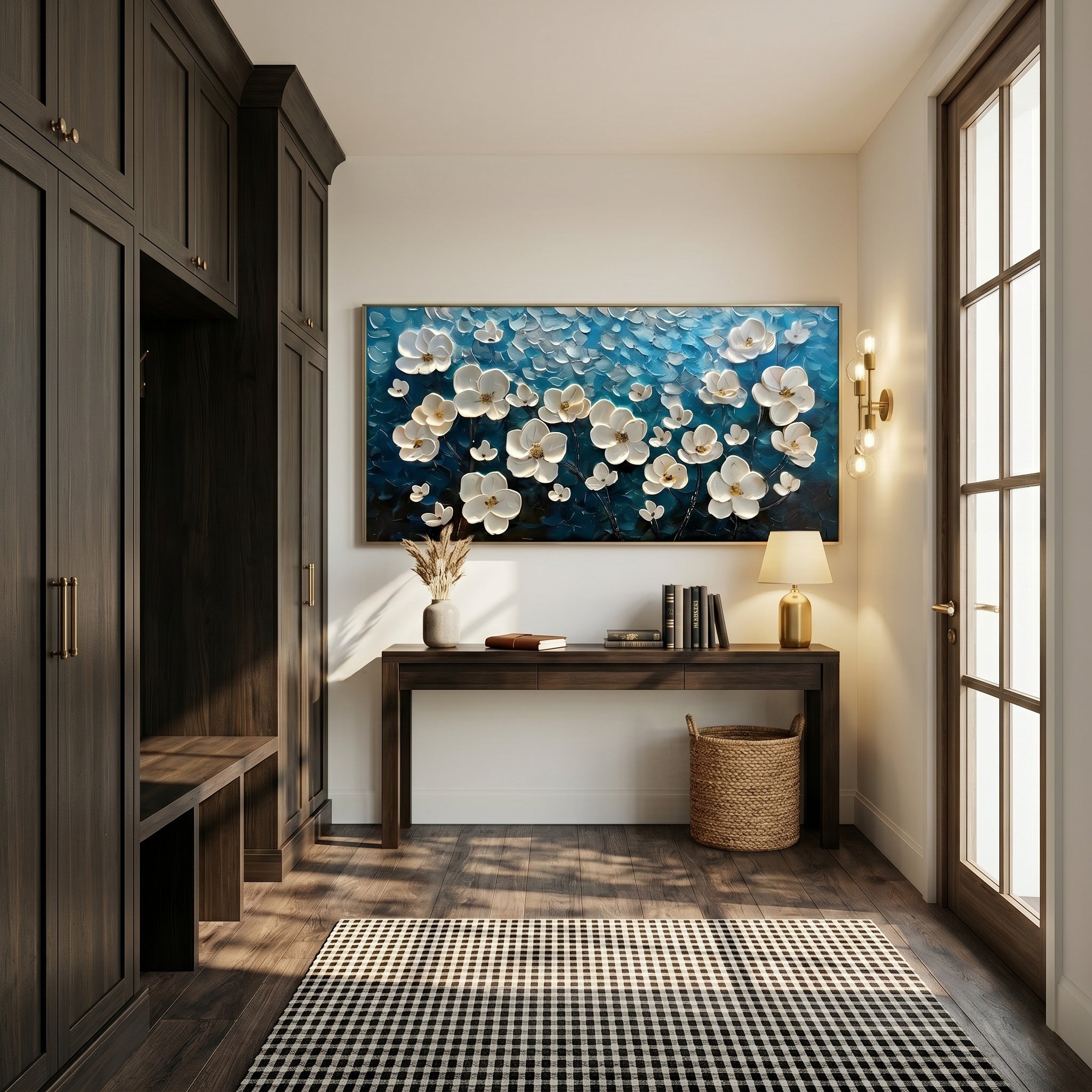 Lunar Serenity – Modern 3D Impasto Teal & White Floral | Minimalist Horizontal Living Room Wall Art
