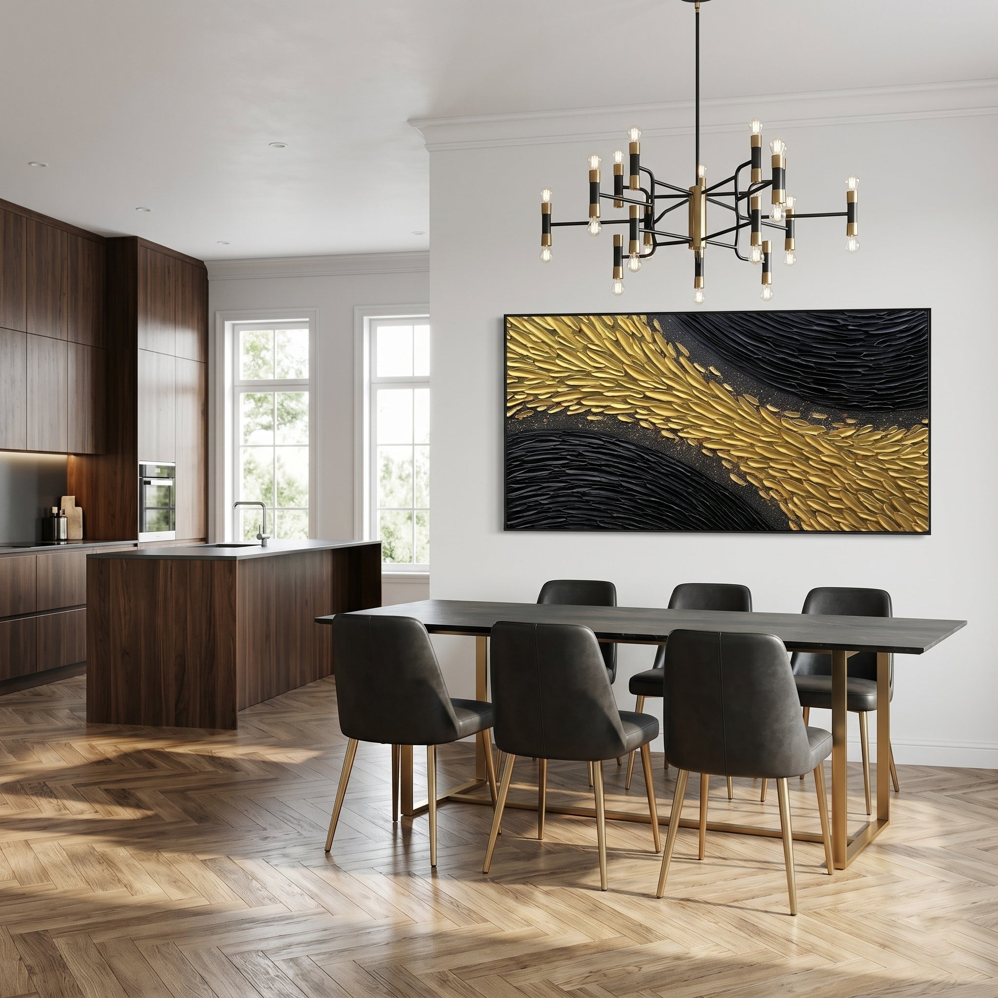 Golden Scales in Motion – Modern Black-and-Gold Textured Artwork | Abstract Horizontal Living Room Art