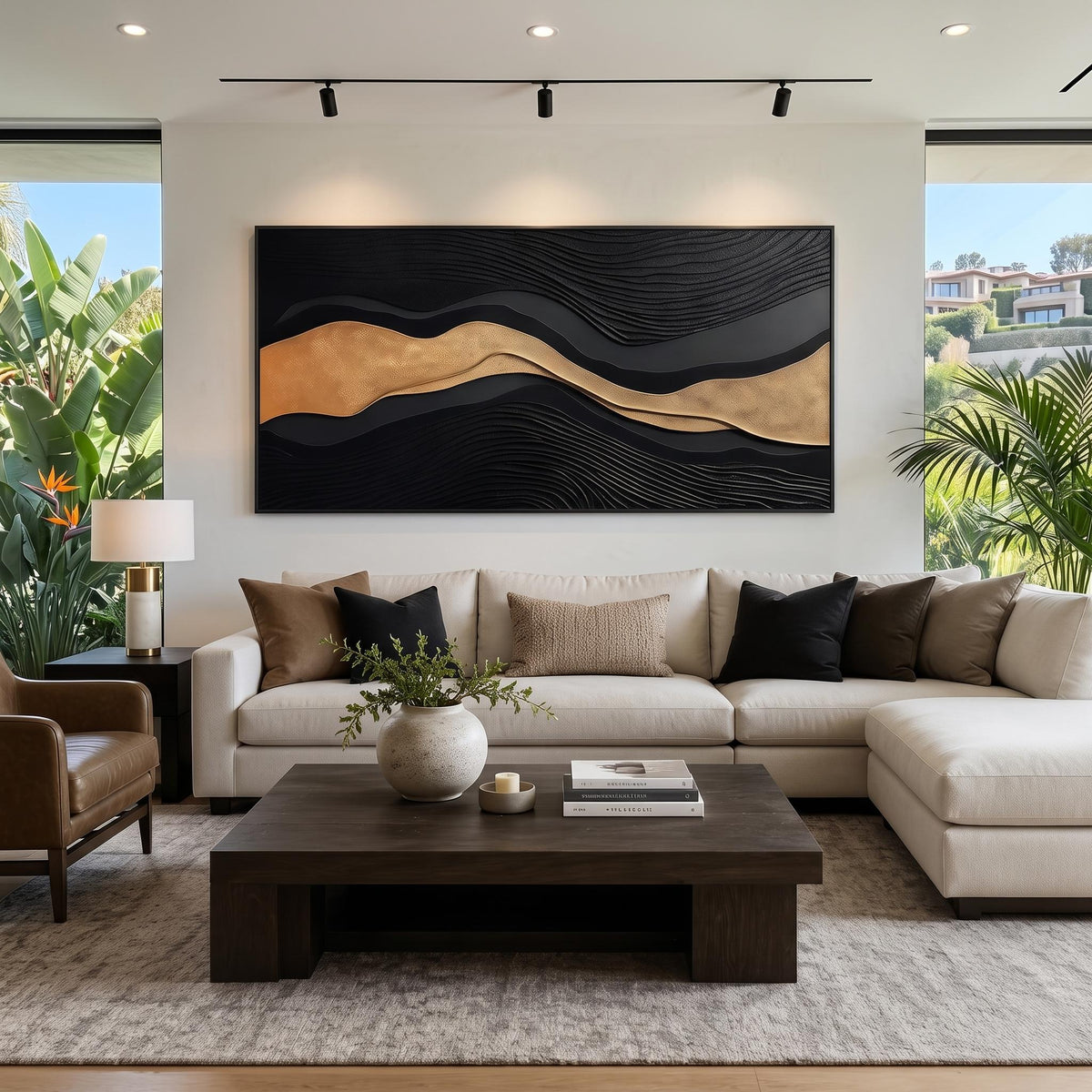 Black River of Gold – Black Gold Layered Abstract Painting | Textured Horizontal Wall Art