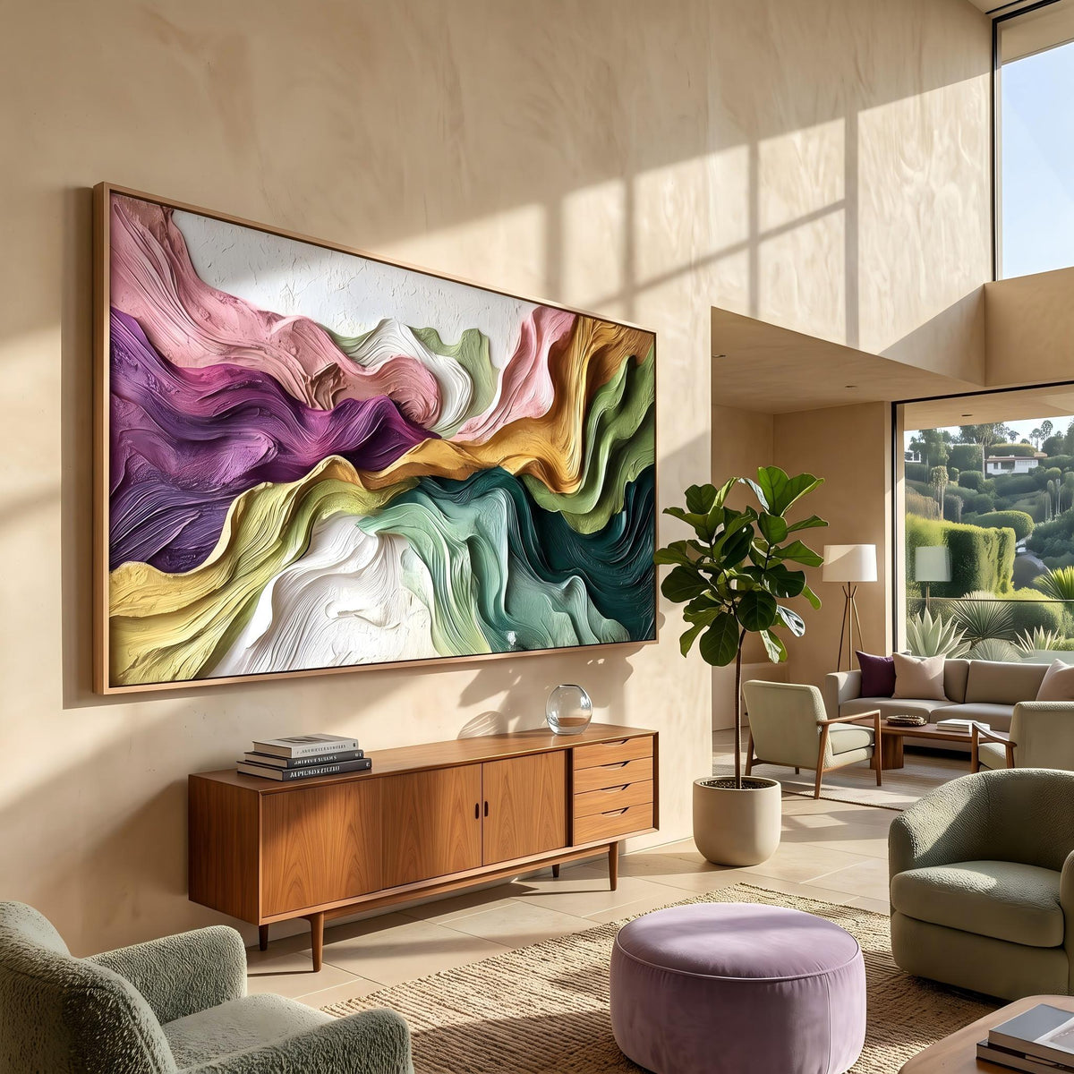 Prismatic Valley Current – Multicolor Flowing Abstract Painting | Contemporary Horizontal Wall Art