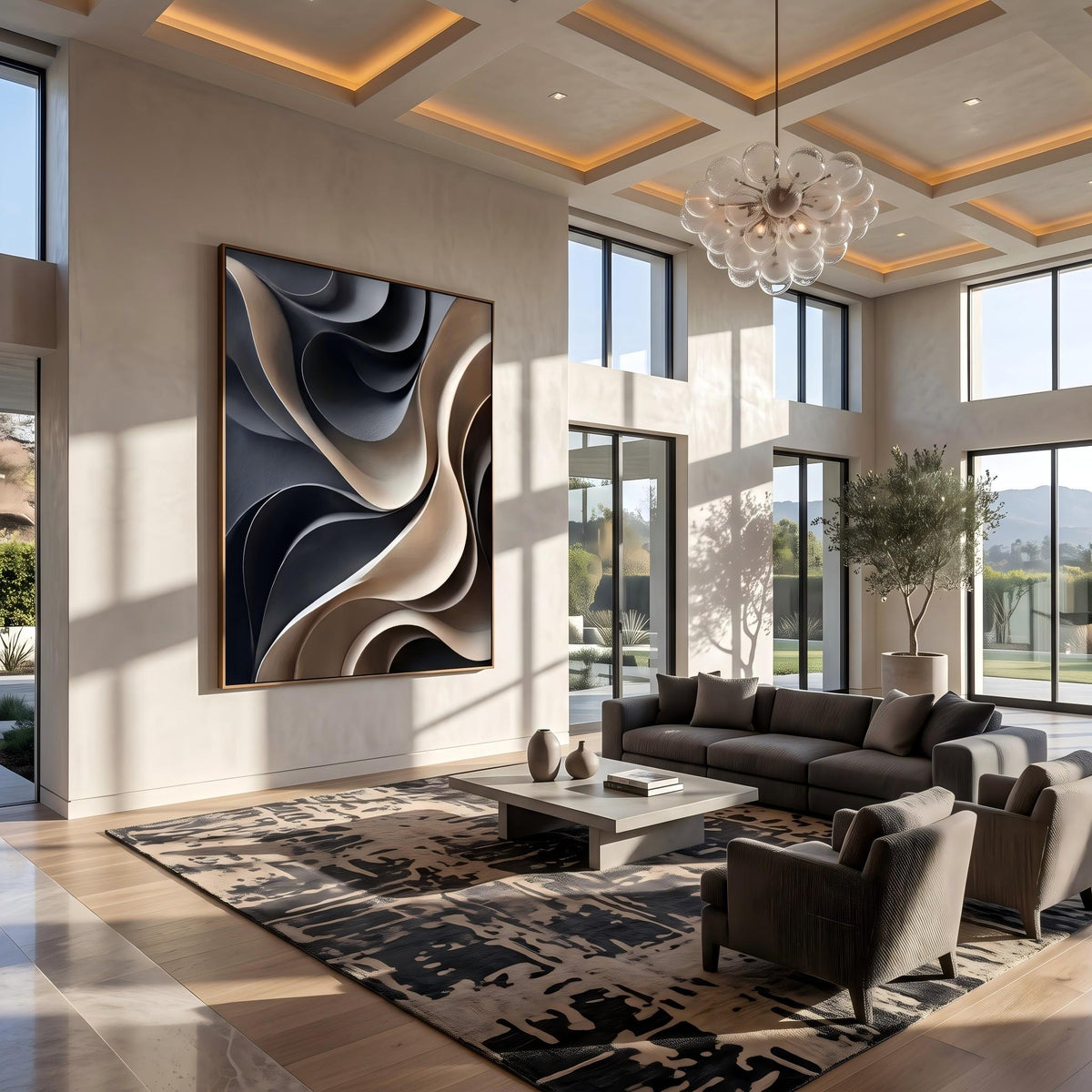 Midnight Curves in Motion – Black Cream Sculptural Abstract Painting | Modern Vertical Wall Art