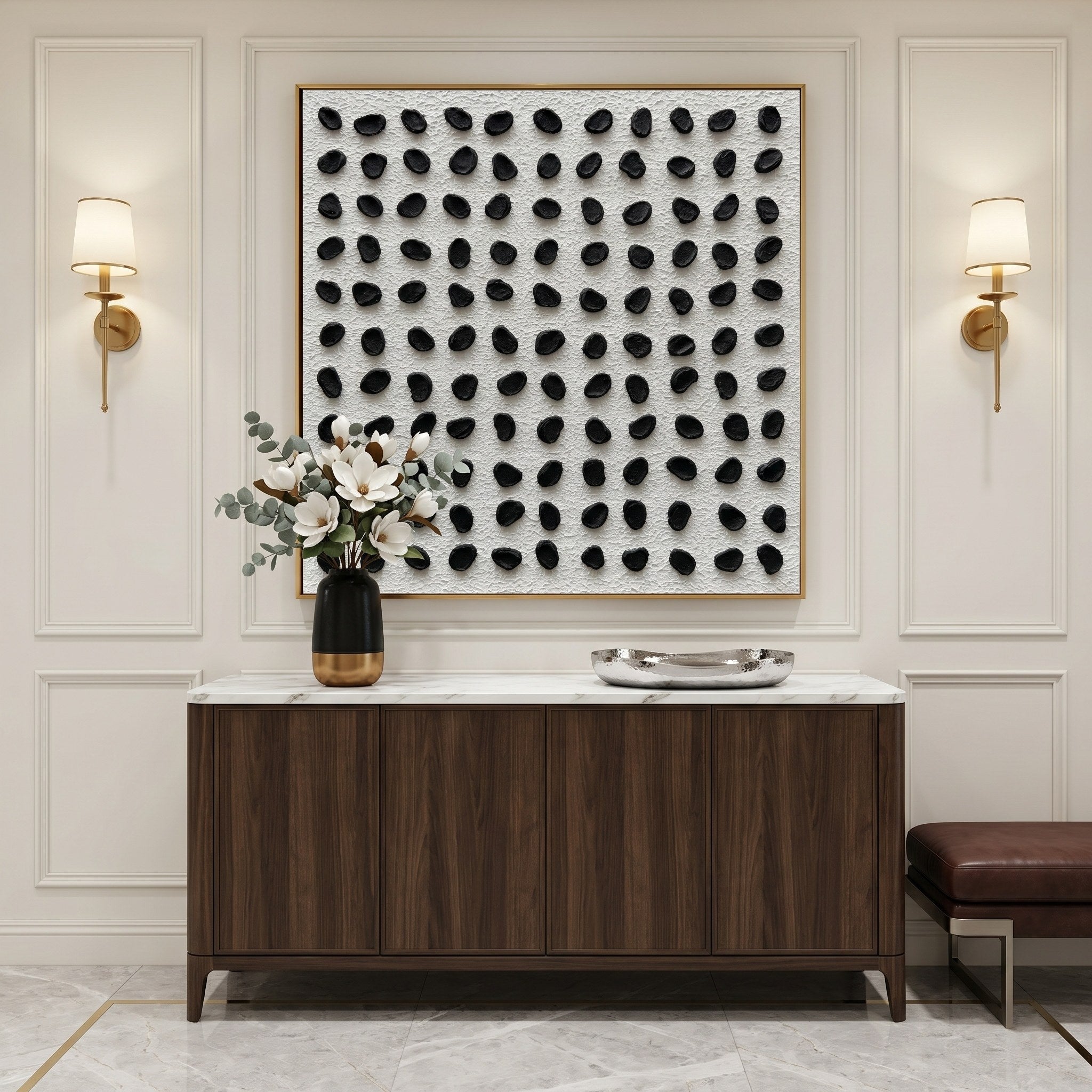 Rhythm of Order – Wabi-Sabi Black & White Heavy Textured Abstract Grid | Minimalist Hallway Decor
