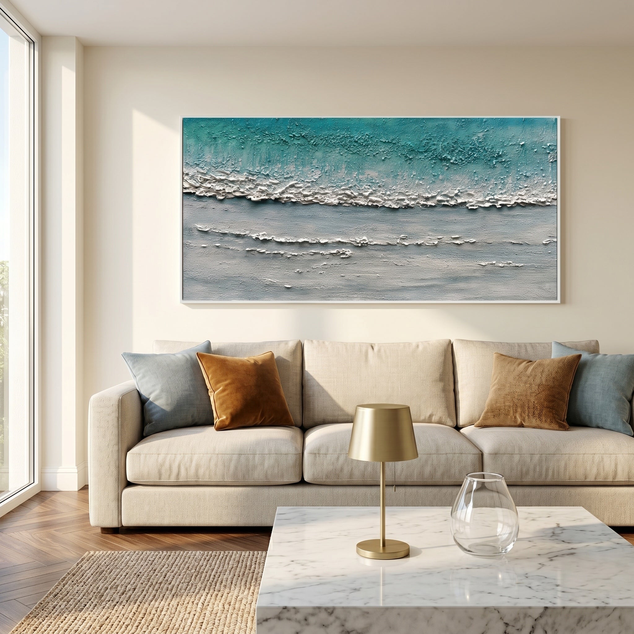 Azure Realm – Wabi sabi style turquoise thickly applied  texture painting | Modern minimalist living room art