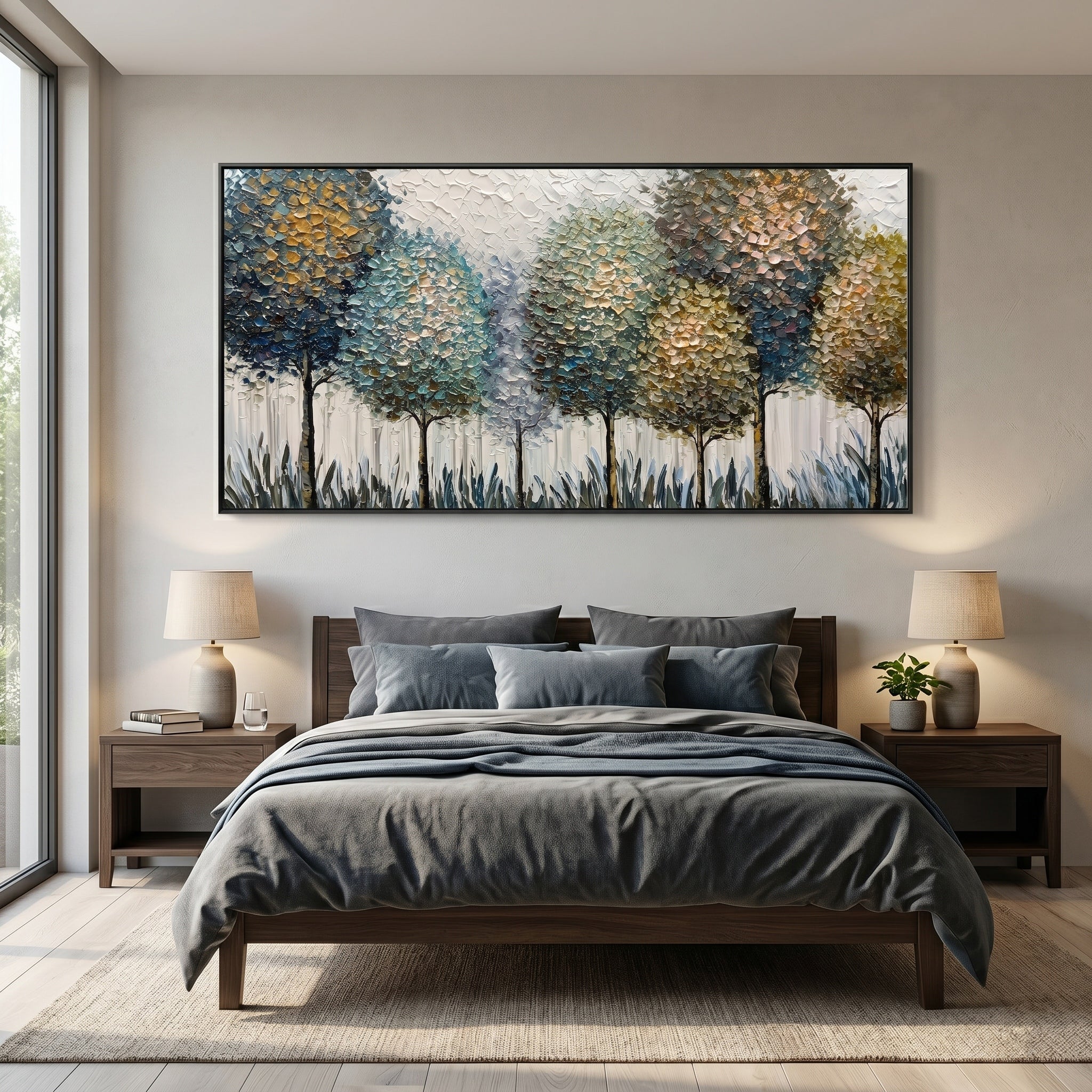 Morning Whispers – Blue-Grey & Gold Impasto Abstract Tree Landscape | Modern Luxury Bedroom Art