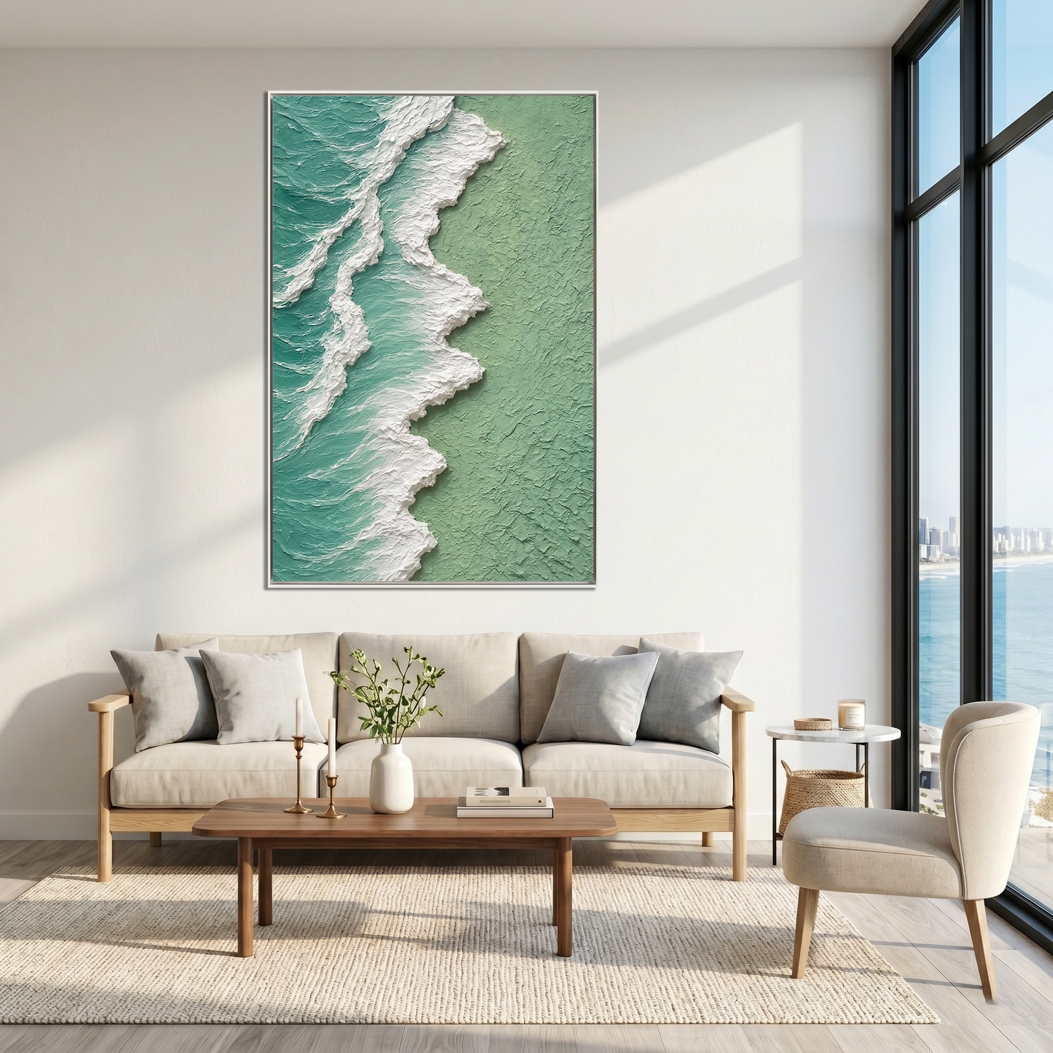 Ocean's Pulse – Modern Impasto Textured Painting | Creative Wabi-Sabi Mint Sea Wave Entryway Art