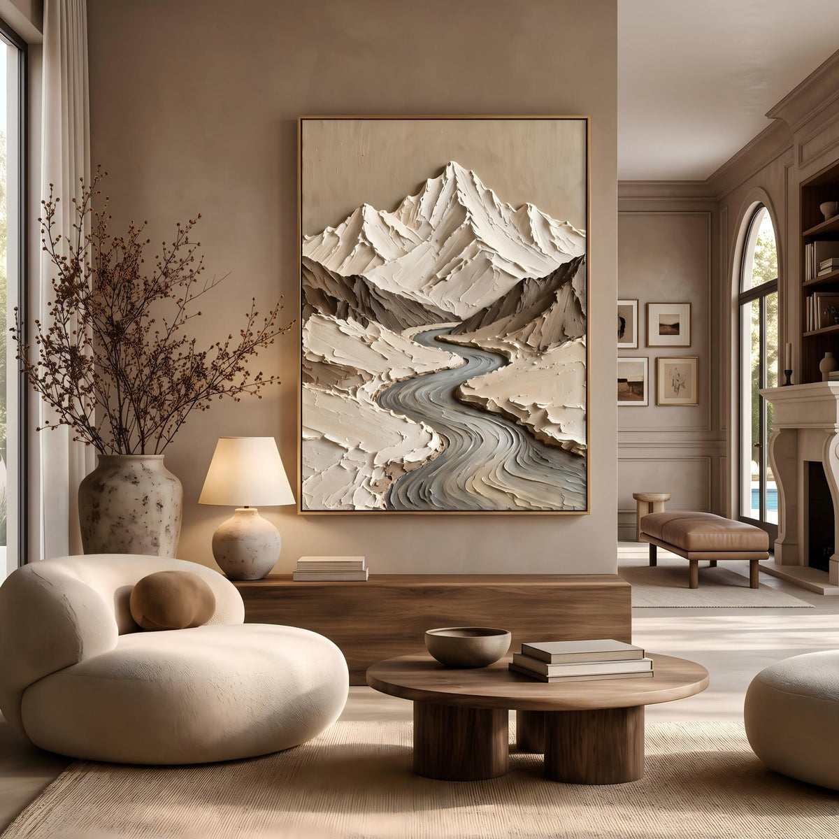 White Peaks Rising – Neutral Textured Mountain Painting | Wabi-Sabi Vertical Wall Art