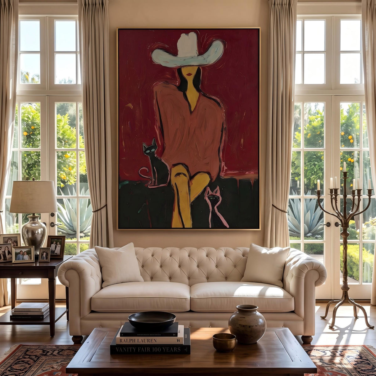 White Hat With Companions – Pop Art Cowboy and Pets Painting | Bold Red Vertical Wall Art