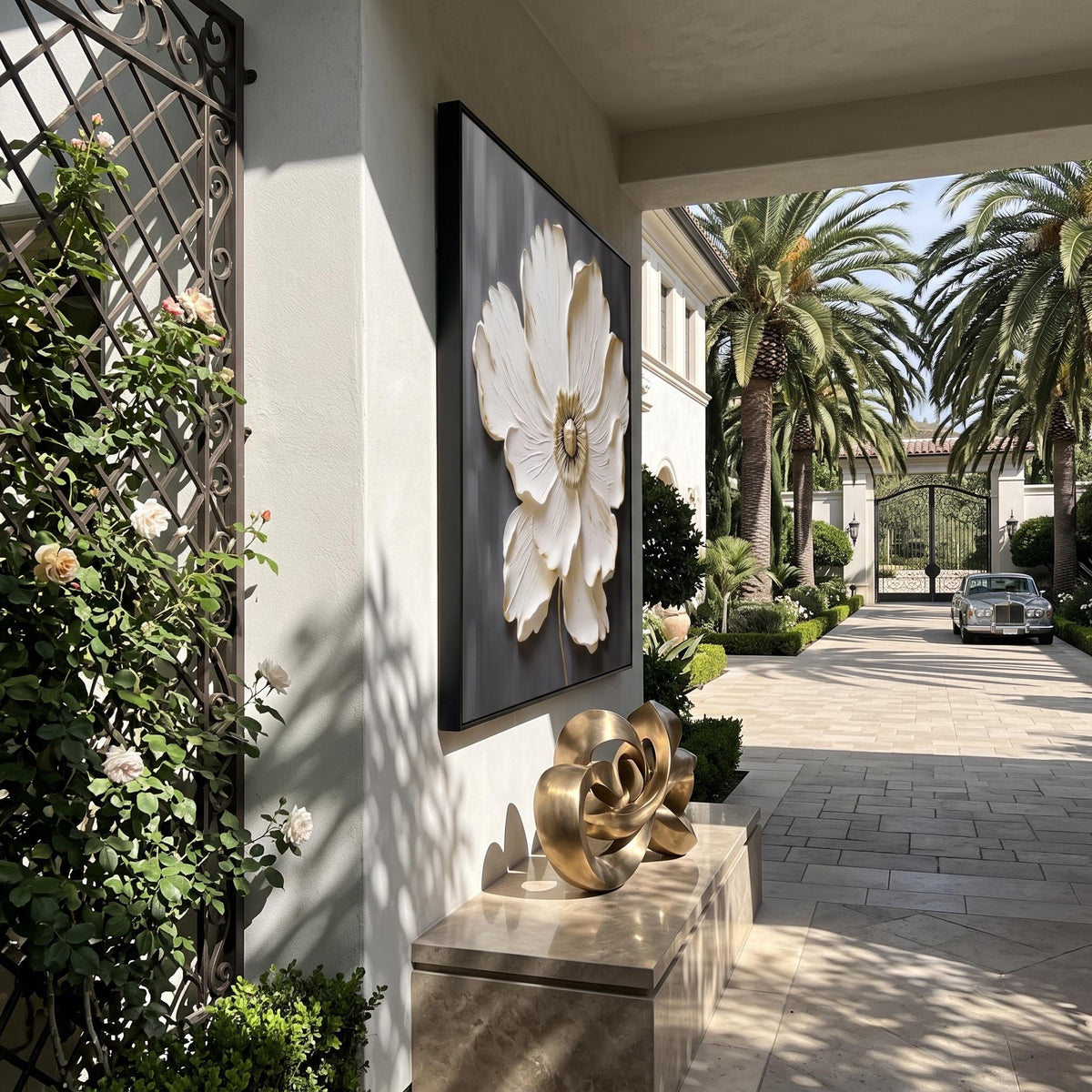 Ivory Blossom Relief – White Gold Floral Painting | Textured Square Wall Art