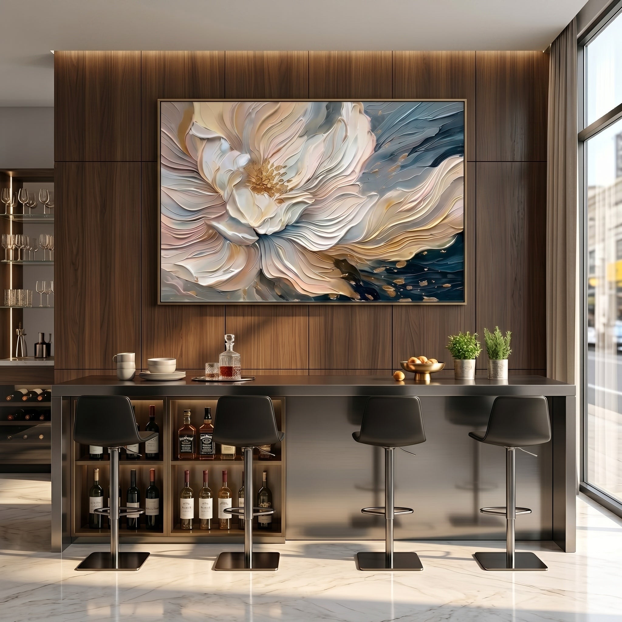 Flowing Gilt – Modern Luxury Abstract Floral Impasto Canvas | Elegant Living Room Wall Art