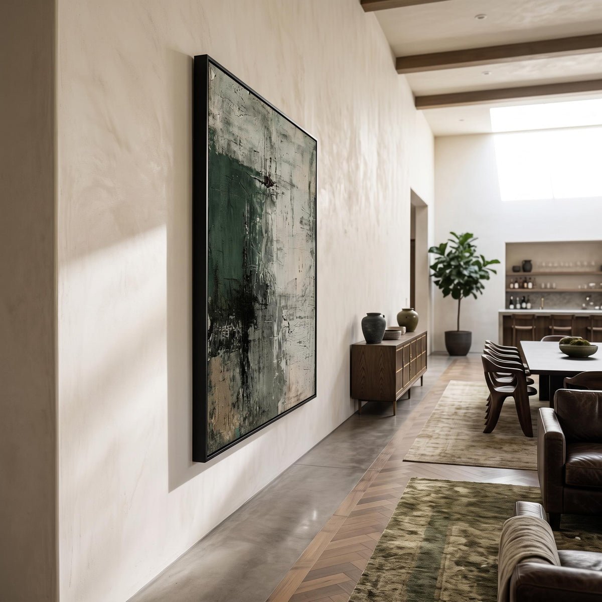 Forest Shadow Imprint – Dark Green Textured Abstract Painting | Contemporary Vertical Wall Art